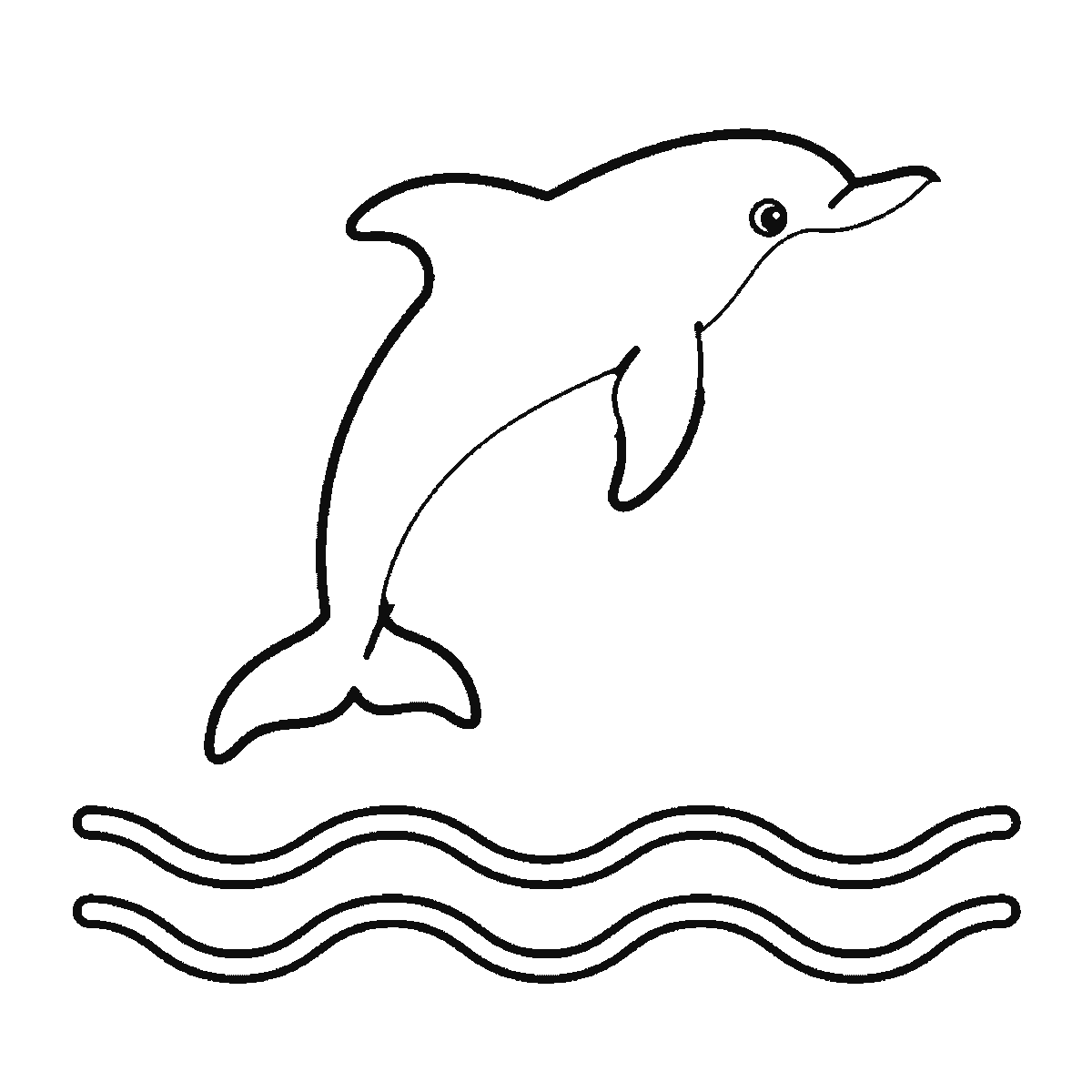 Step 3 of 6: Step-by-step drawing sheet: a dolphin leaping above three wave lines, built up over six frames from the whole animal to the waves and splashes around it, black outlines on white
