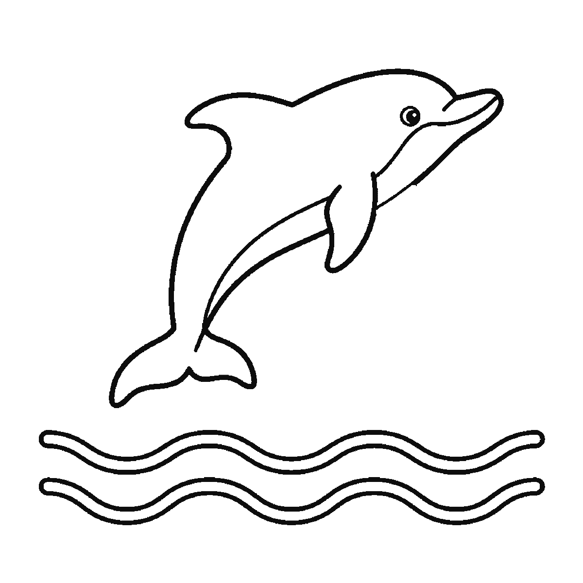 Step 4 of 6: Step-by-step drawing sheet: a dolphin leaping above three wave lines, built up over six frames from the whole animal to the waves and splashes around it, black outlines on white