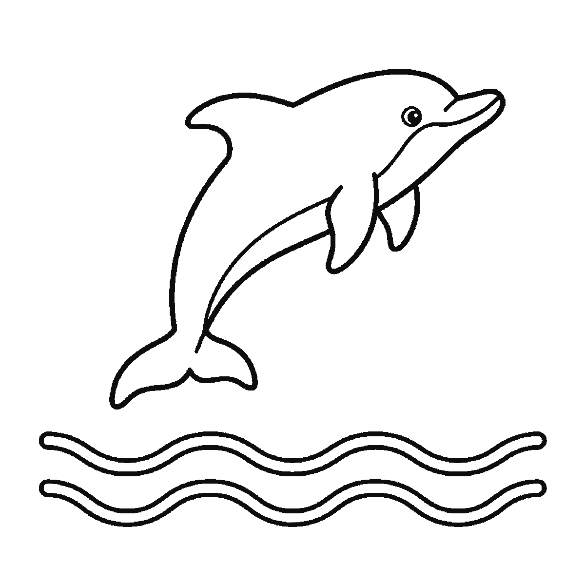 Step 5 of 6: Step-by-step drawing sheet: a dolphin leaping above three wave lines, built up over six frames from the whole animal to the waves and splashes around it, black outlines on white