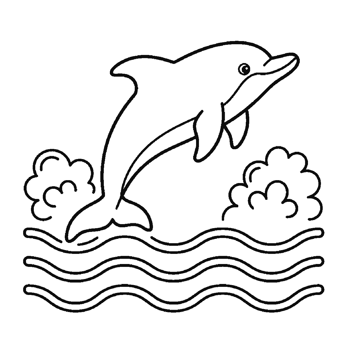 Step 6 of 6: Step-by-step drawing sheet: a dolphin leaping above three wave lines, built up over six frames from the whole animal to the waves and splashes around it, black outlines on white