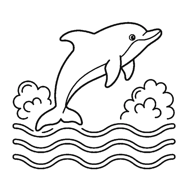 Step-by-step drawing sheet: a dolphin leaping above three wave lines, built up over six frames from the whole animal to the waves and splashes around it, black outlines on white