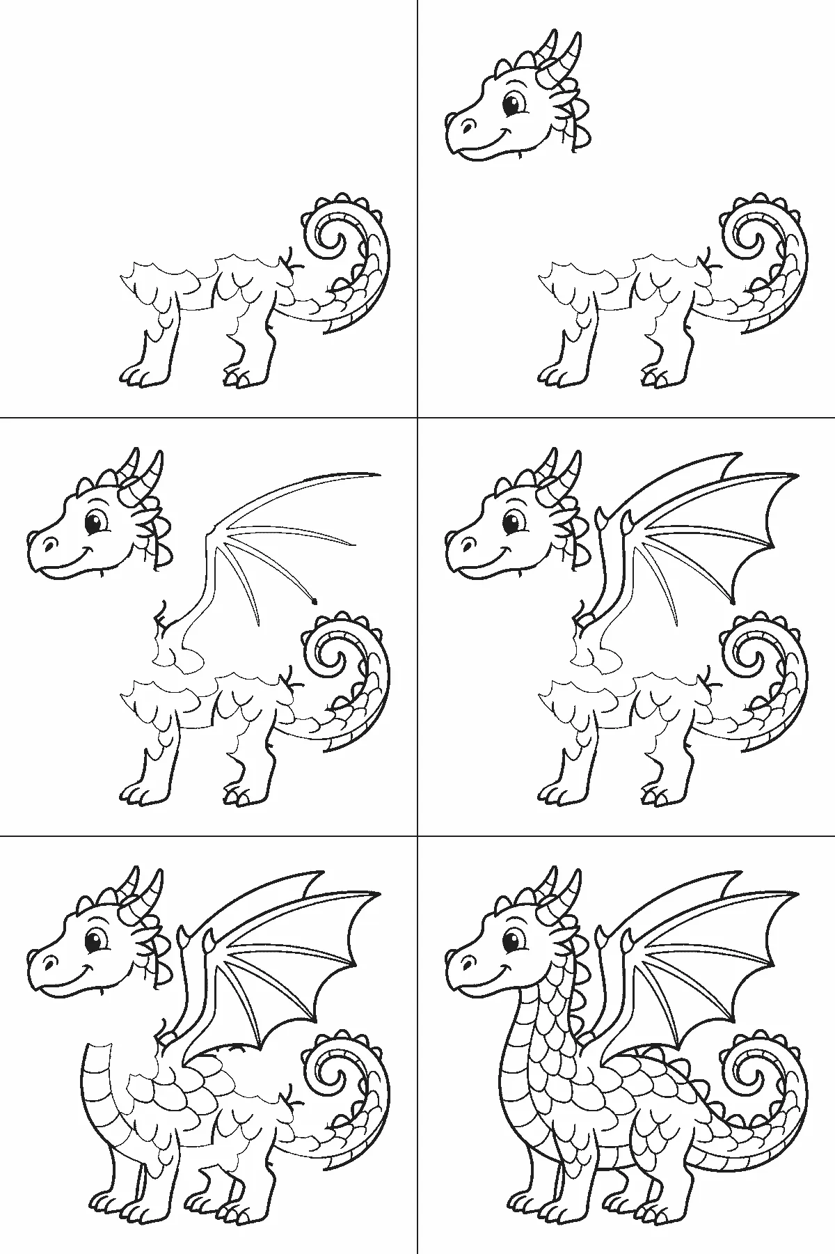 Step-by-step drawing sheet: a friendly dragon seen from the side, built up over six frames from the scaled body, legs and curled tail to the horned head, then the bat wing, and the neck's scales last, black outlines on white