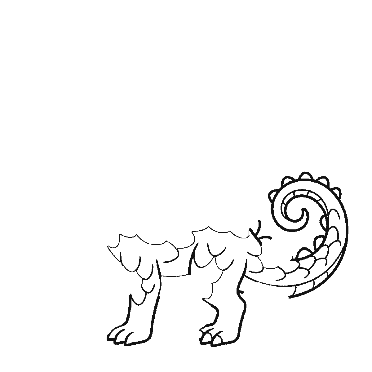 Step 1 of 6: Step-by-step drawing sheet: a friendly dragon seen from the side, built up over six frames from the scaled body, legs and curled tail to the horned head, then the bat wing, and the neck's scales last, black outlines on white