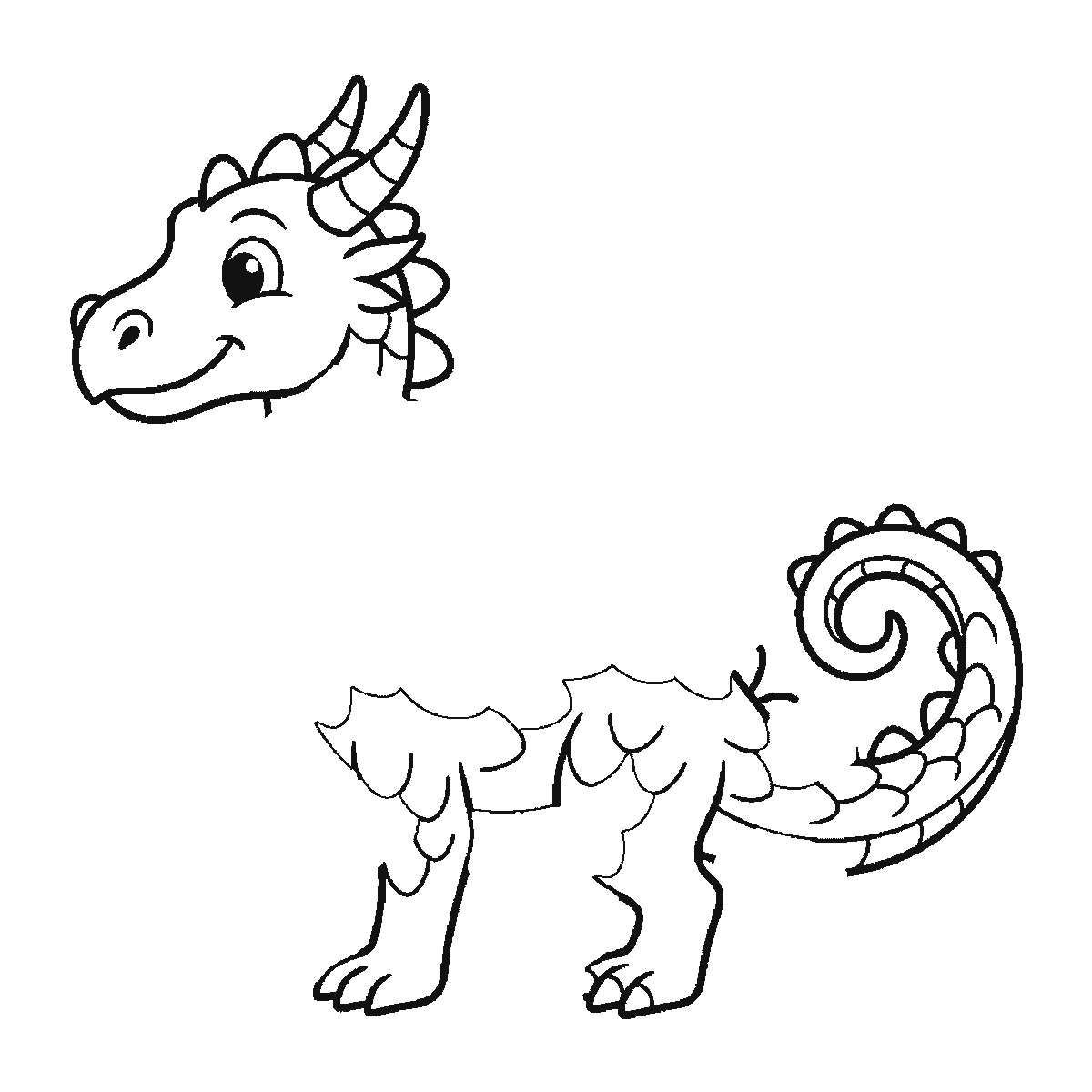 Step 2 of 6: Step-by-step drawing sheet: a friendly dragon seen from the side, built up over six frames from the scaled body, legs and curled tail to the horned head, then the bat wing, and the neck's scales last, black outlines on white