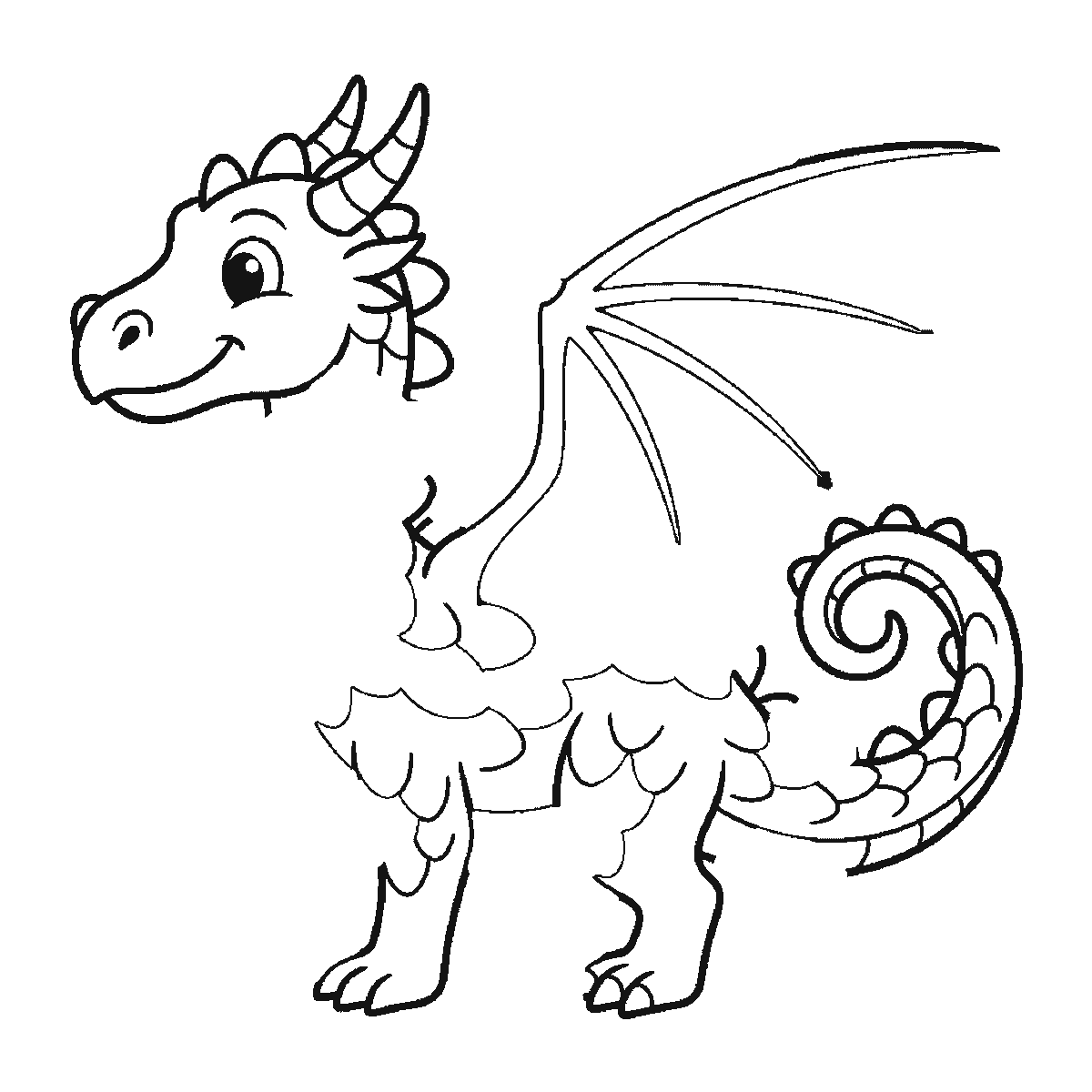 Step 3 of 6: Step-by-step drawing sheet: a friendly dragon seen from the side, built up over six frames from the scaled body, legs and curled tail to the horned head, then the bat wing, and the neck's scales last, black outlines on white