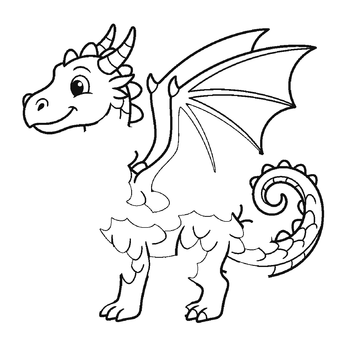 Step 4 of 6: Step-by-step drawing sheet: a friendly dragon seen from the side, built up over six frames from the scaled body, legs and curled tail to the horned head, then the bat wing, and the neck's scales last, black outlines on white