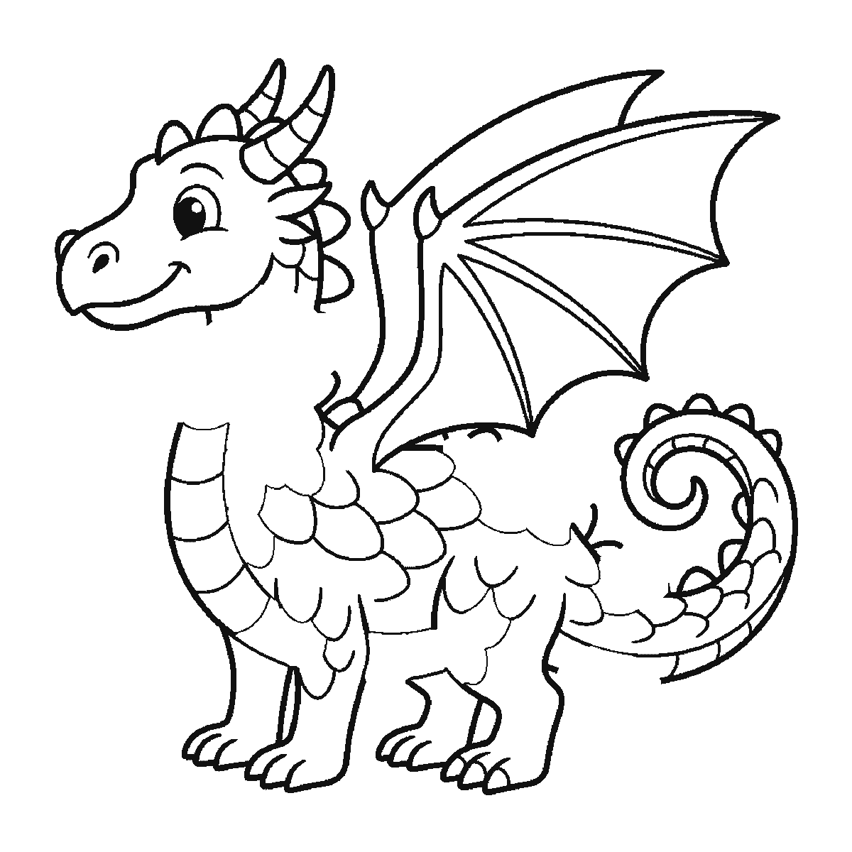 Step 5 of 6: Step-by-step drawing sheet: a friendly dragon seen from the side, built up over six frames from the scaled body, legs and curled tail to the horned head, then the bat wing, and the neck's scales last, black outlines on white
