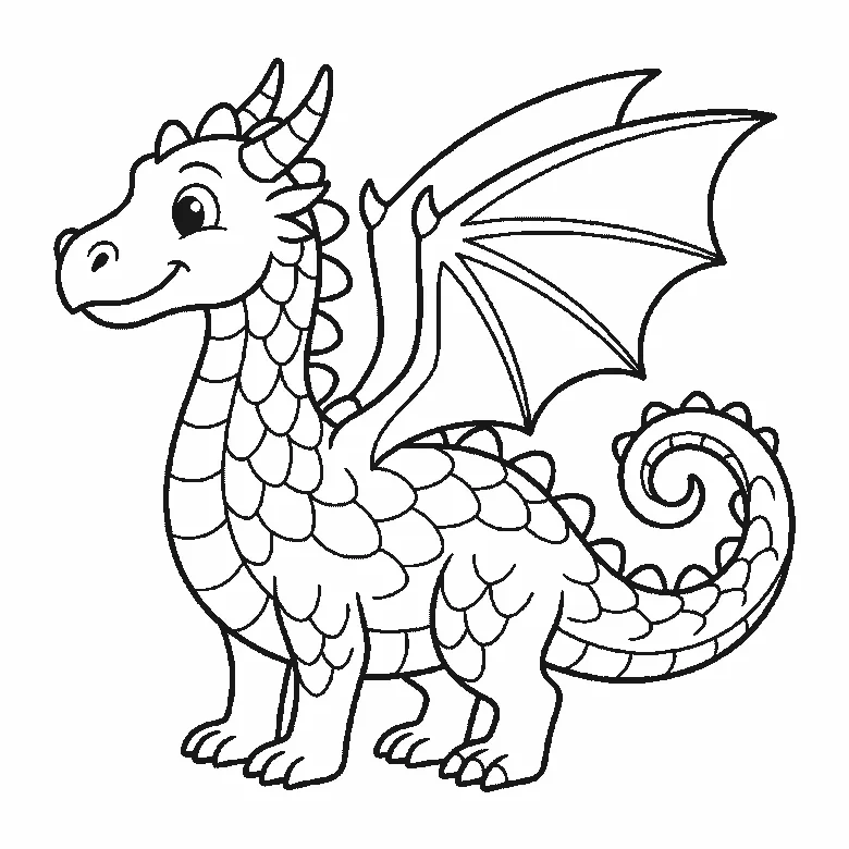 Step-by-step drawing sheet: a friendly dragon seen from the side, built up over six frames from the scaled body, legs and curled tail to the horned head, then the bat wing, and the neck's scales last, black outlines on white