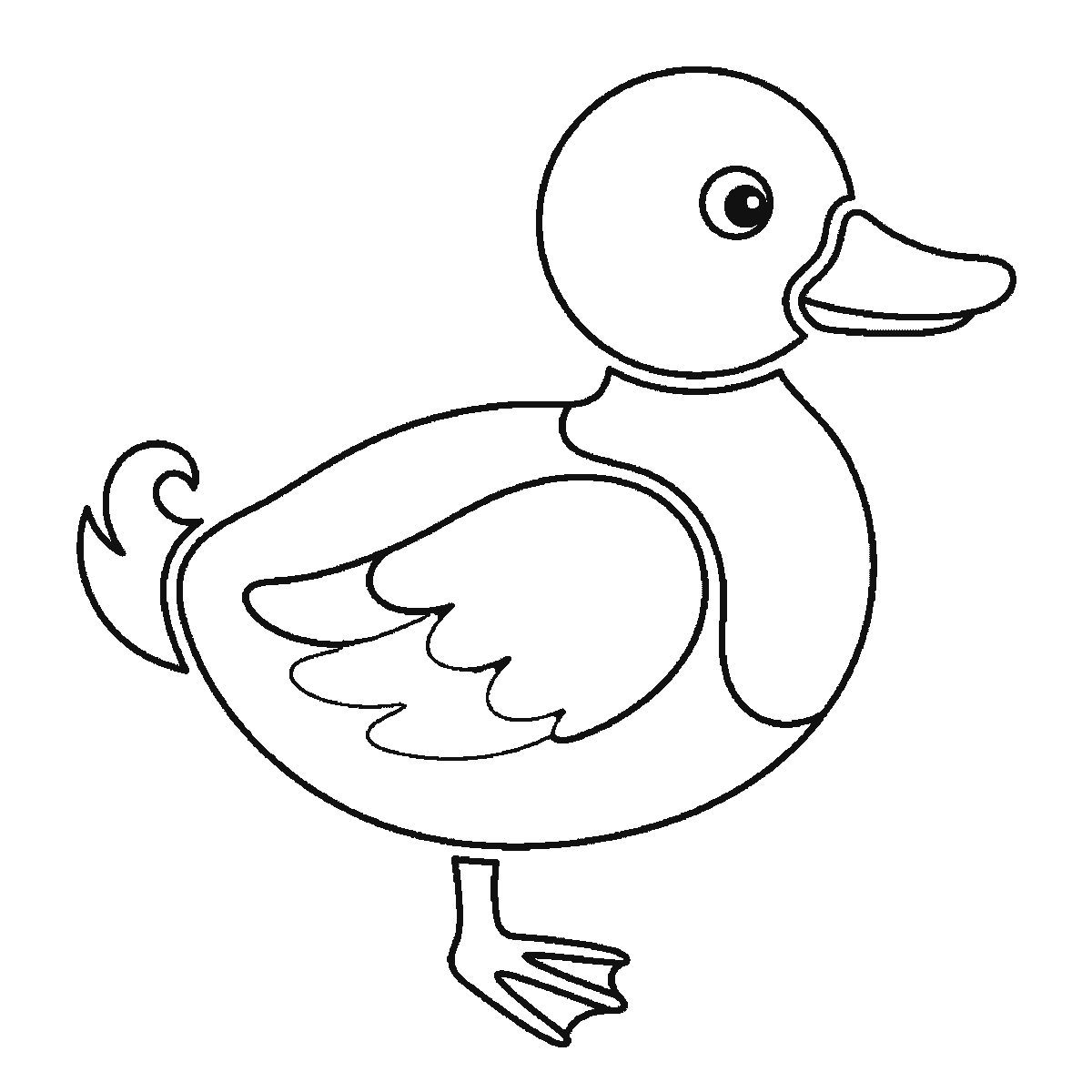 Step 5 of 6: Step-by-step drawing sheet: a duck standing in profile, built up over six frames from the folded wing to the head, body, bill and webbed feet, black outlines on white
