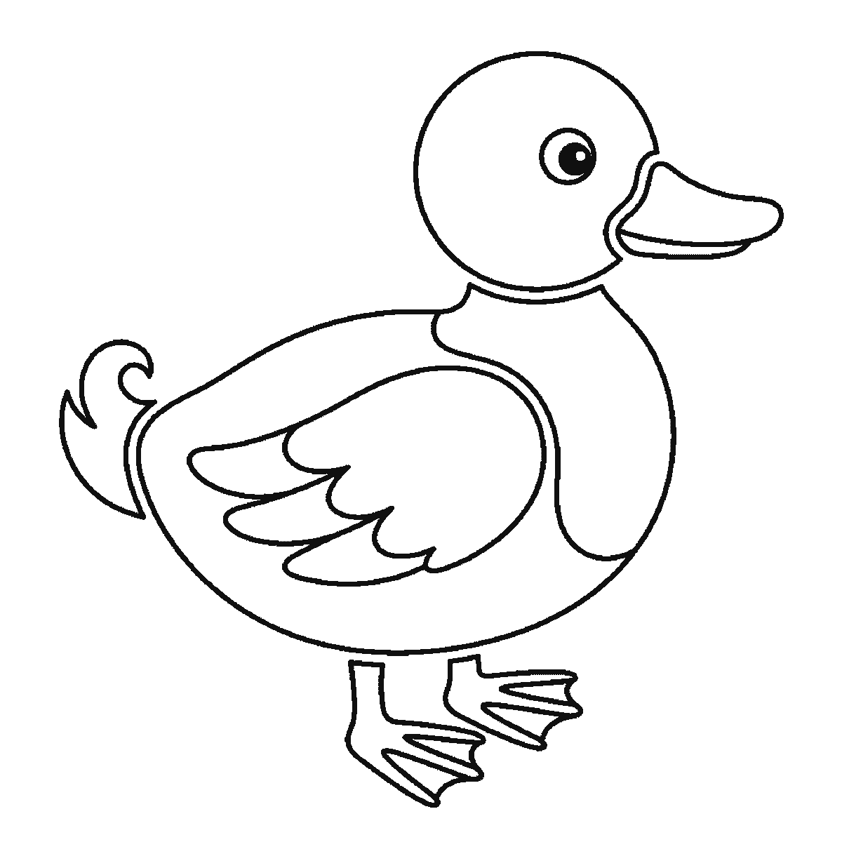 Step 6 of 6: Step-by-step drawing sheet: a duck standing in profile, built up over six frames from the folded wing to the head, body, bill and webbed feet, black outlines on white