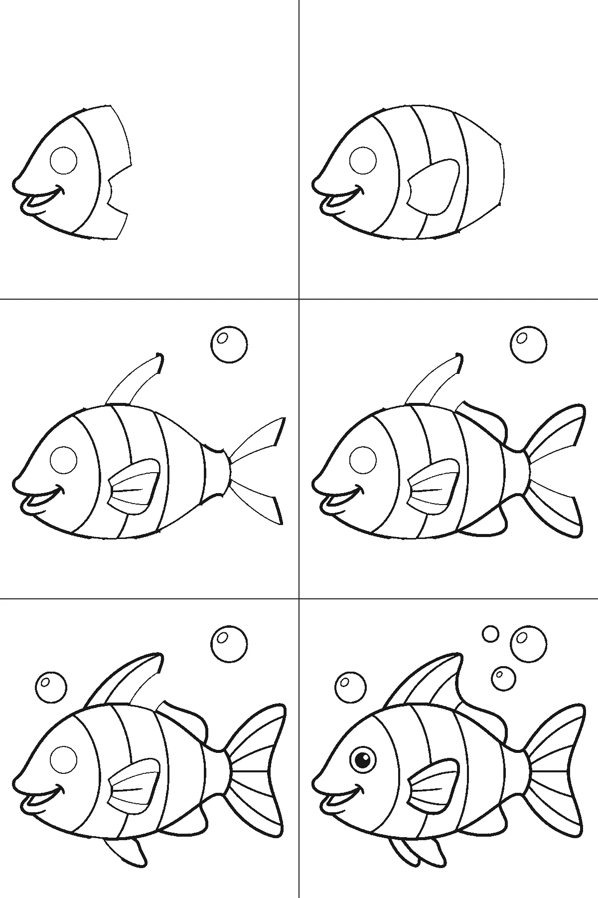Step-by-step drawing sheet: a striped tropical fish with bubbles rising above it, built up over six frames from the head to the body, fins, tail and bubbles, black outlines on white