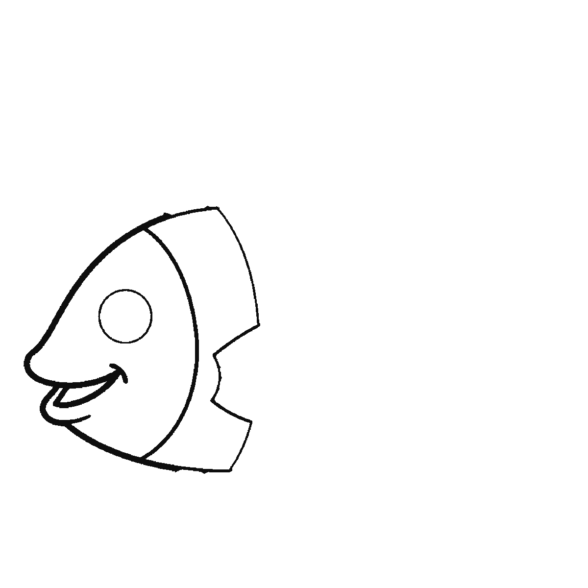 Step 1 of 6: Step-by-step drawing sheet: a striped tropical fish with bubbles rising above it, built up over six frames from the head to the body, fins, tail and bubbles, black outlines on white
