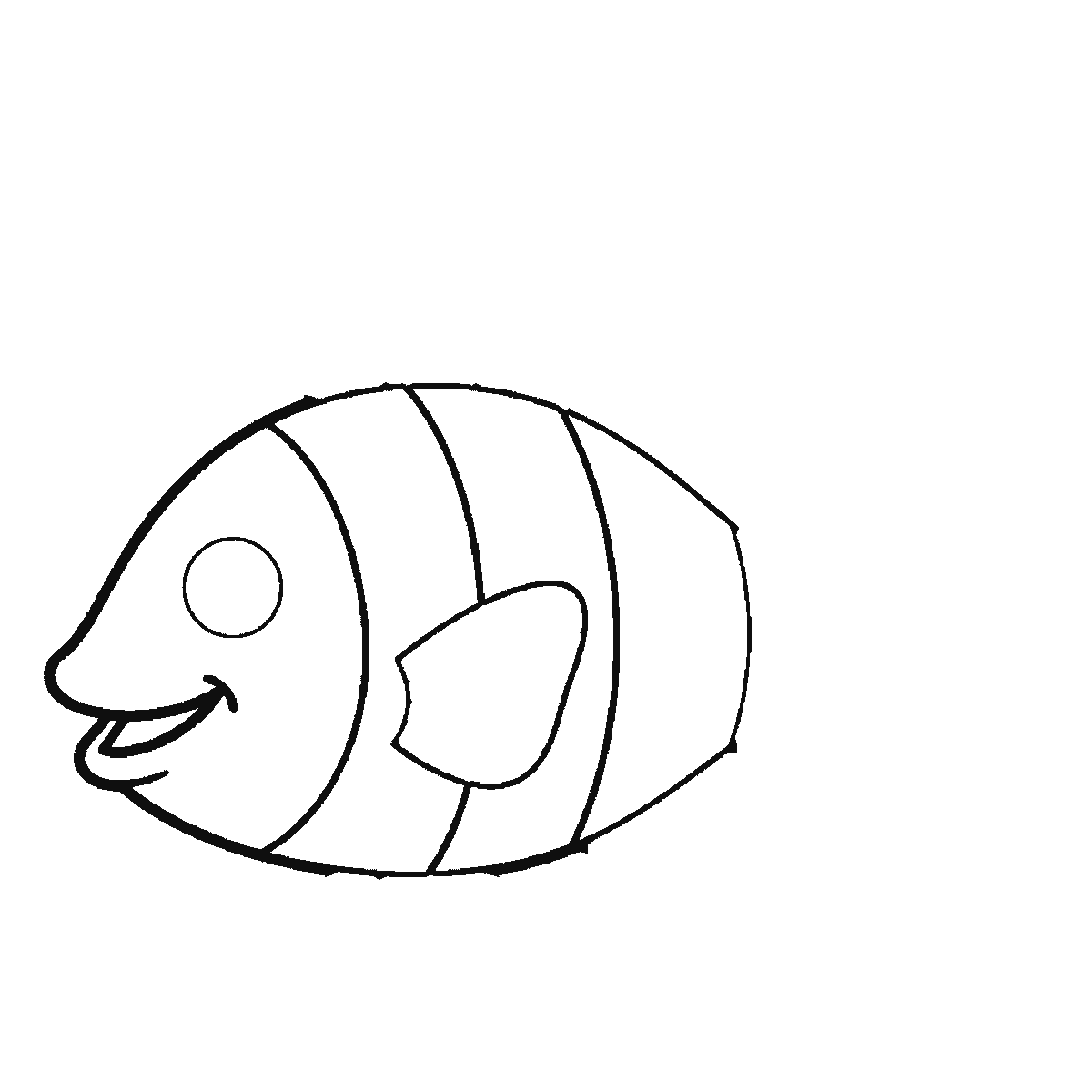 Step 2 of 6: Step-by-step drawing sheet: a striped tropical fish with bubbles rising above it, built up over six frames from the head to the body, fins, tail and bubbles, black outlines on white