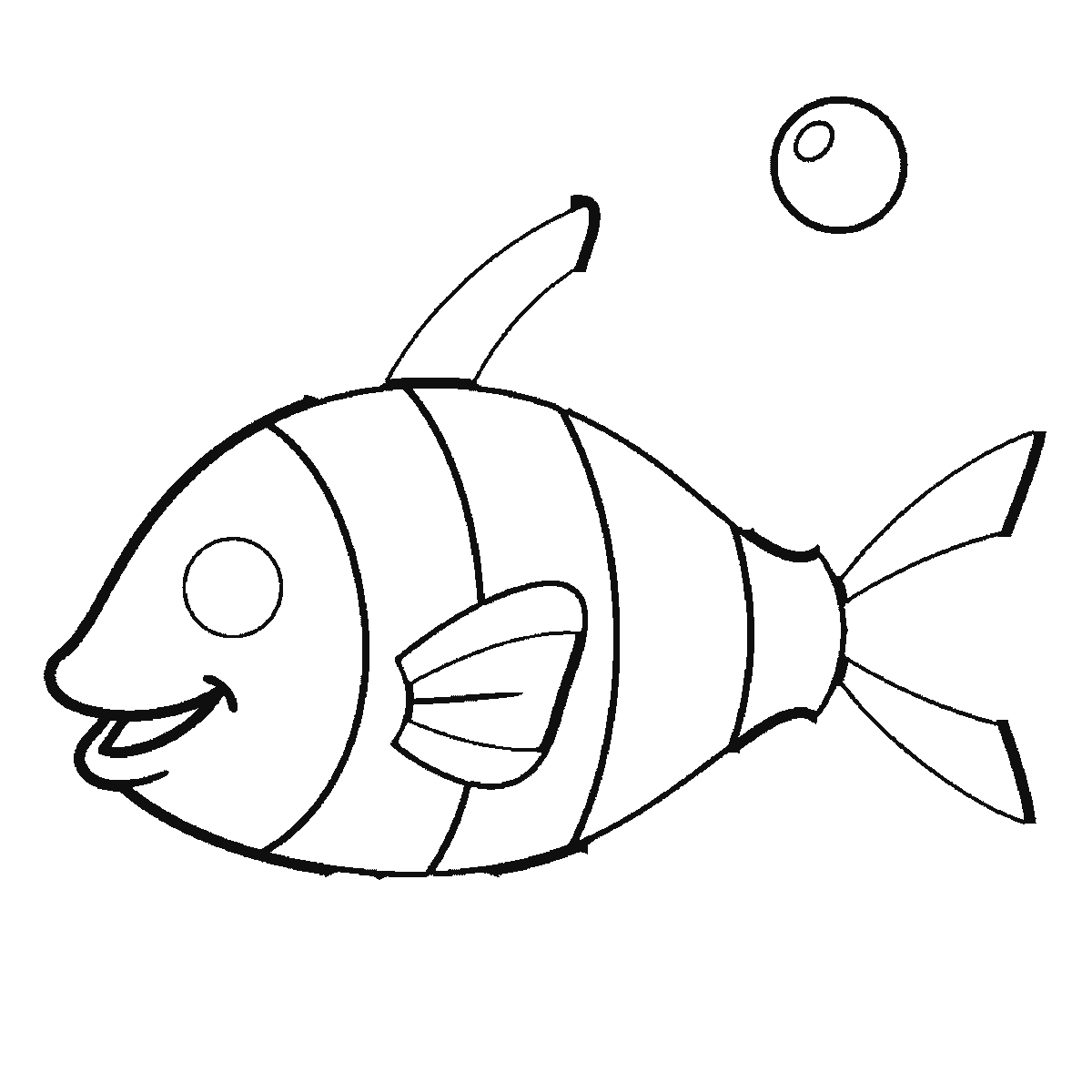 Step 3 of 6: Step-by-step drawing sheet: a striped tropical fish with bubbles rising above it, built up over six frames from the head to the body, fins, tail and bubbles, black outlines on white