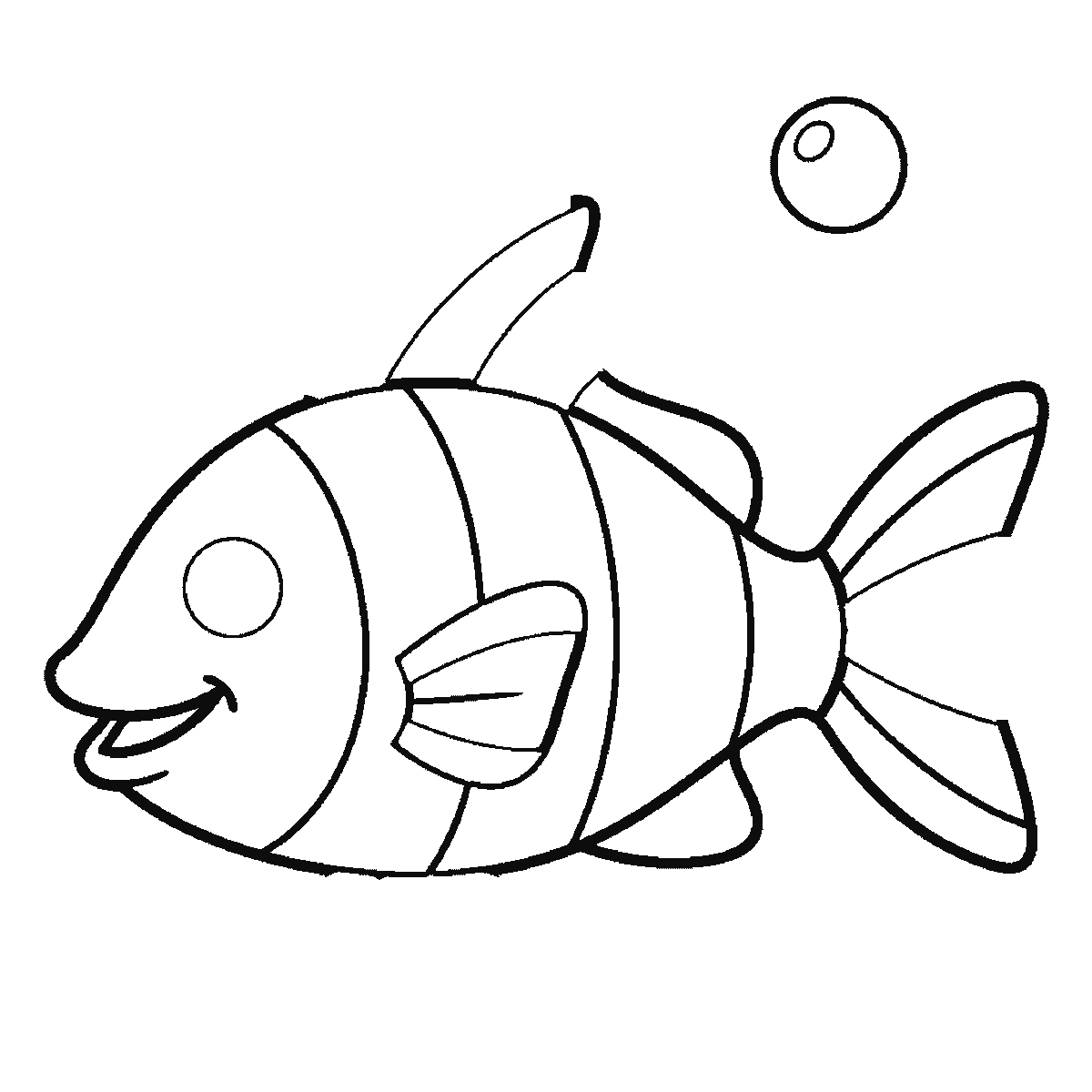 Step 4 of 6: Step-by-step drawing sheet: a striped tropical fish with bubbles rising above it, built up over six frames from the head to the body, fins, tail and bubbles, black outlines on white