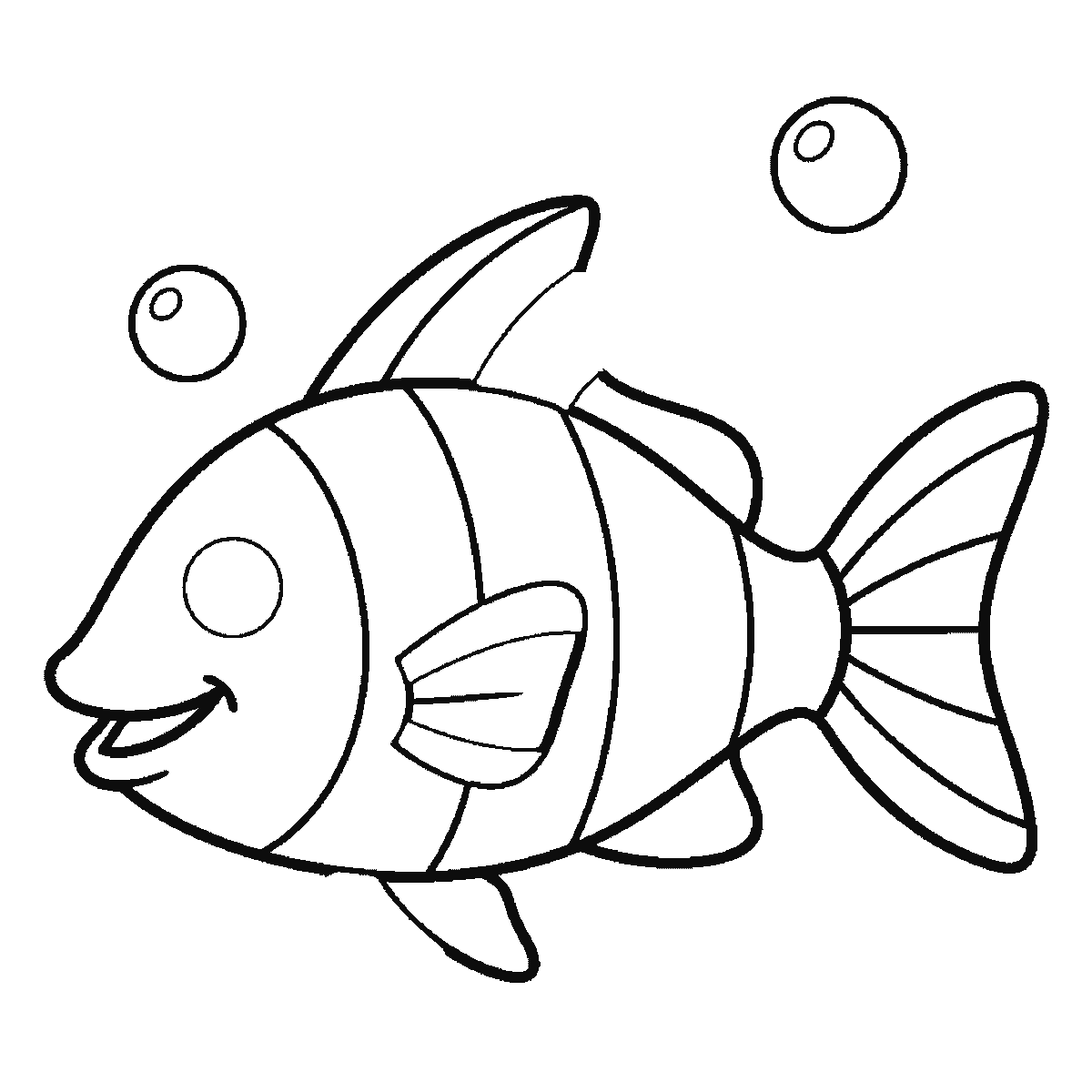 Step 5 of 6: Step-by-step drawing sheet: a striped tropical fish with bubbles rising above it, built up over six frames from the head to the body, fins, tail and bubbles, black outlines on white