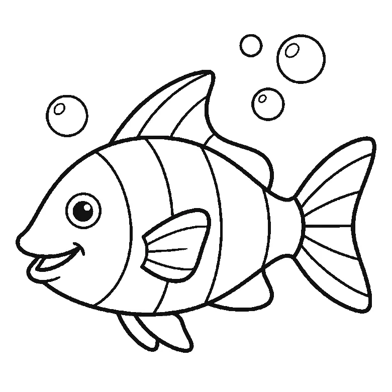 Step-by-step drawing sheet: a striped tropical fish with bubbles rising above it, built up over six frames from the head to the body, fins, tail and bubbles, black outlines on white