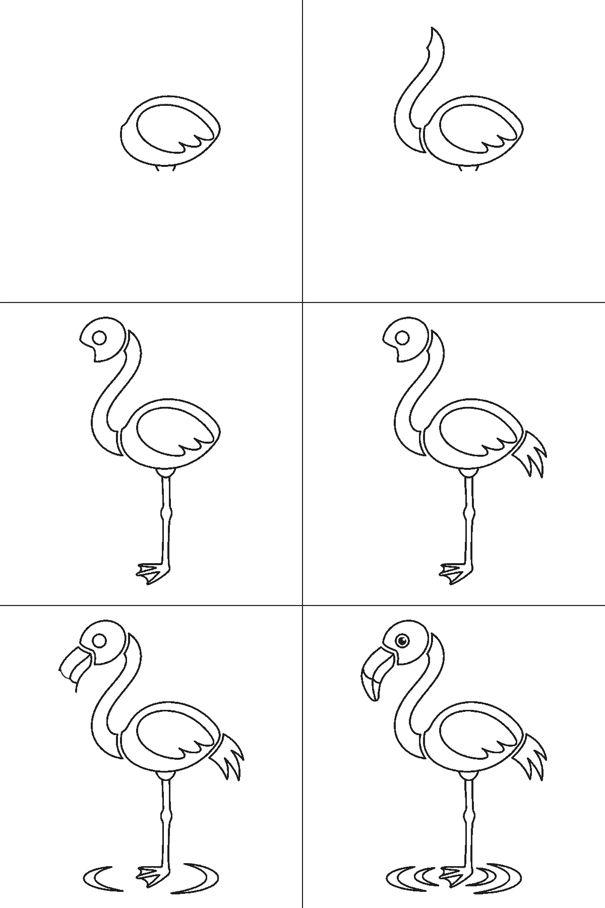 Step-by-step drawing sheet: a flamingo standing in shallow water, built up over six frames from the body and wing panel to the curved neck, then the head with its eye outline and the leg, with the tail feathers, the down-curved beak, the filled eye and the water ripples last, black outlines on white