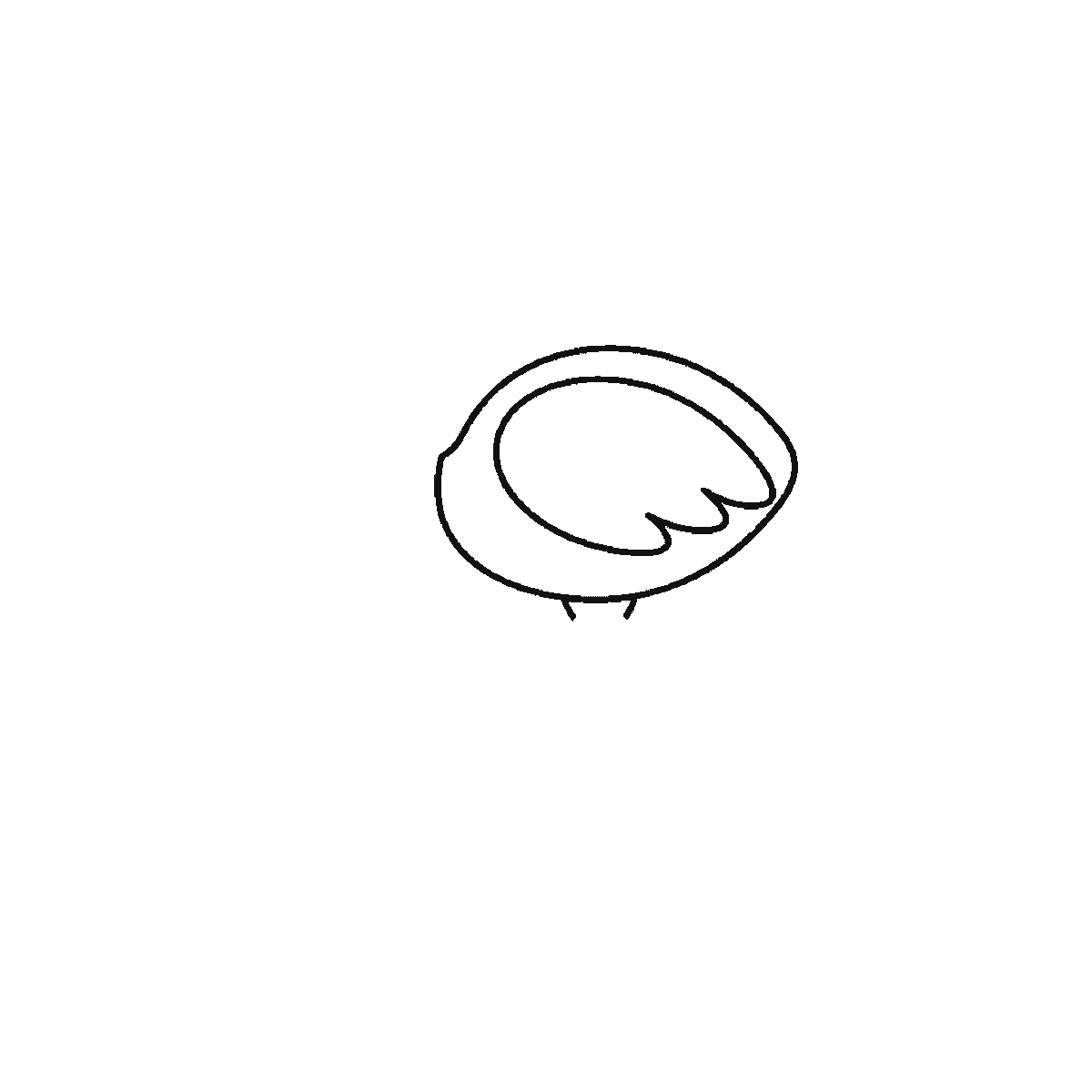 Step 1 of 6: Step-by-step drawing sheet: a flamingo standing in shallow water, built up over six frames from the body and wing panel to the curved neck, then the head with its eye outline and the leg, with the tail feathers, the down-curved beak, the filled eye and the water ripples last, black outlines on white
