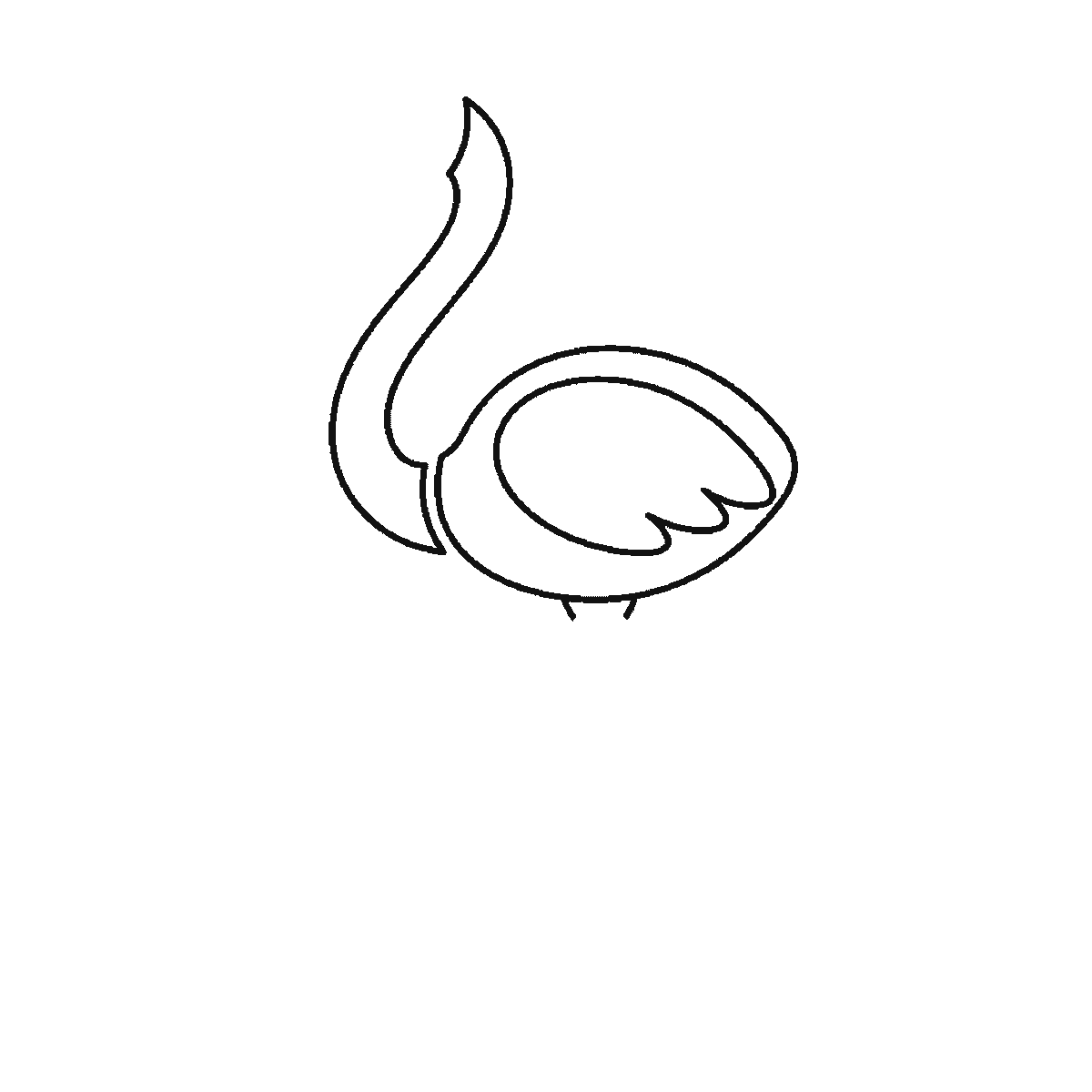 Step 2 of 6: Step-by-step drawing sheet: a flamingo standing in shallow water, built up over six frames from the body and wing panel to the curved neck, then the head with its eye outline and the leg, with the tail feathers, the down-curved beak, the filled eye and the water ripples last, black outlines on white