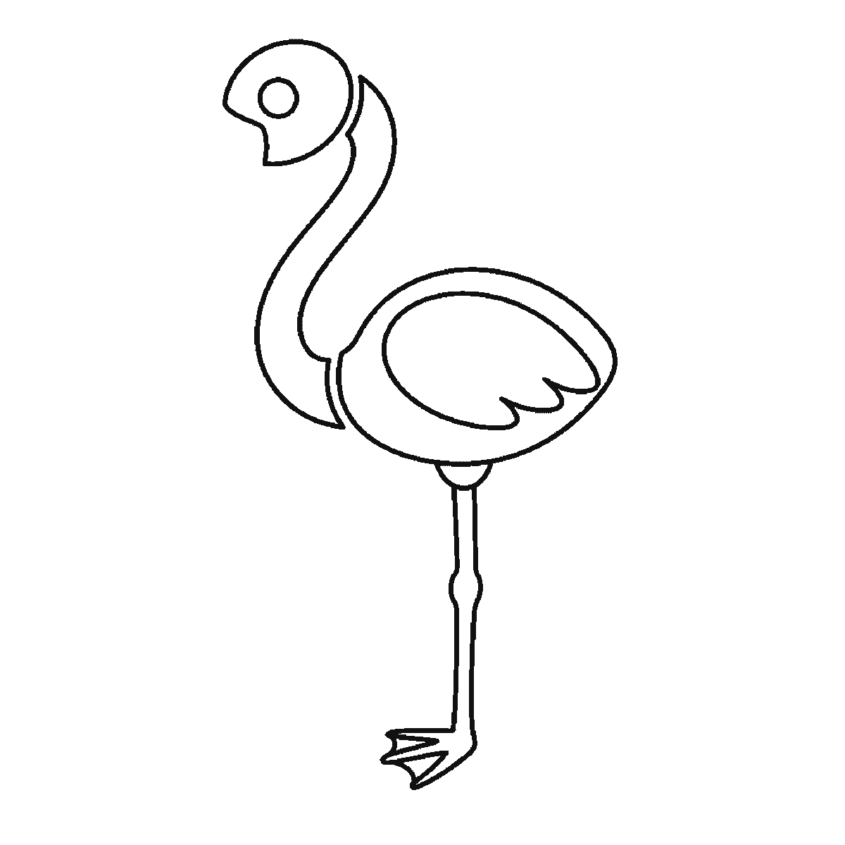 Step 3 of 6: Step-by-step drawing sheet: a flamingo standing in shallow water, built up over six frames from the body and wing panel to the curved neck, then the head with its eye outline and the leg, with the tail feathers, the down-curved beak, the filled eye and the water ripples last, black outlines on white