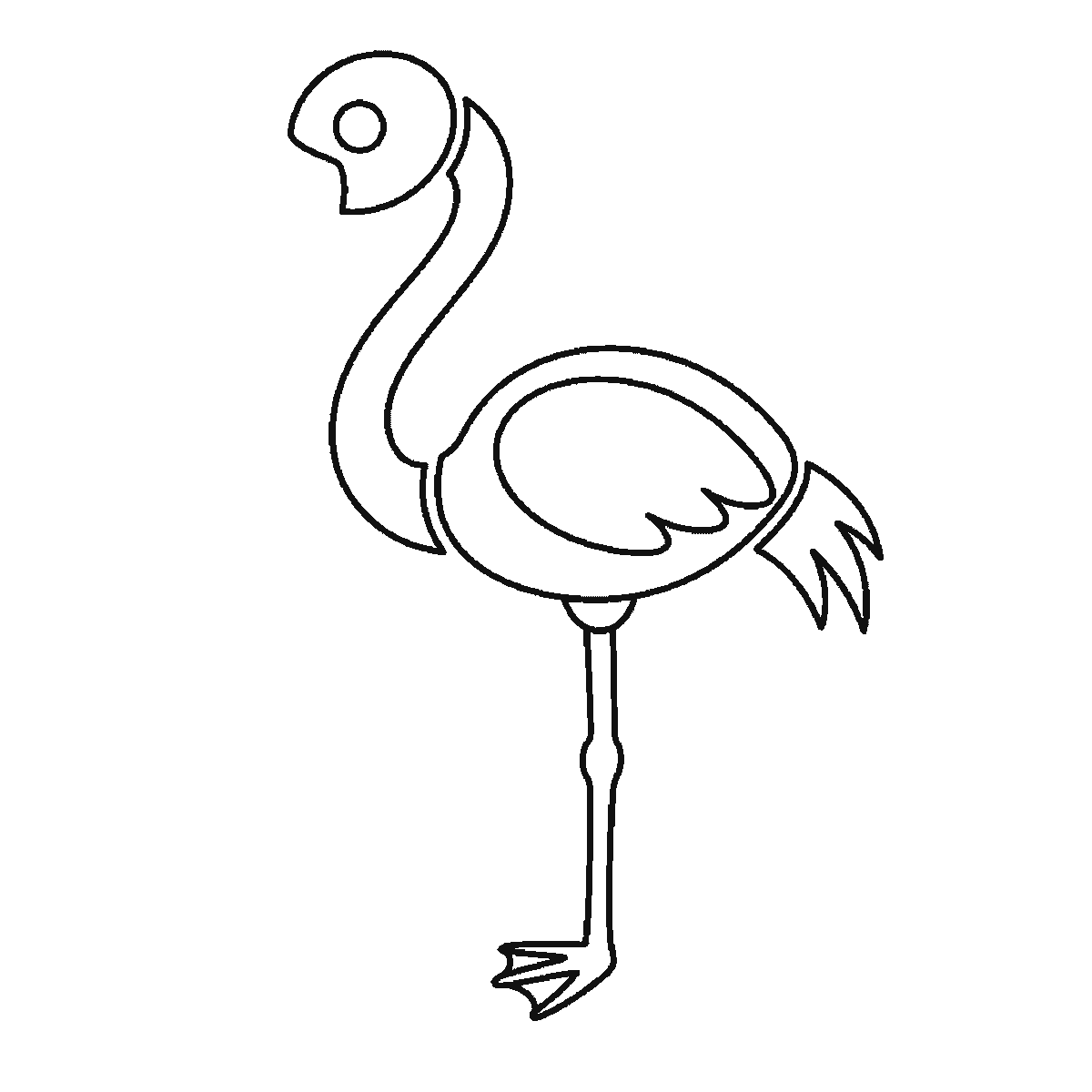 Step 4 of 6: Step-by-step drawing sheet: a flamingo standing in shallow water, built up over six frames from the body and wing panel to the curved neck, then the head with its eye outline and the leg, with the tail feathers, the down-curved beak, the filled eye and the water ripples last, black outlines on white