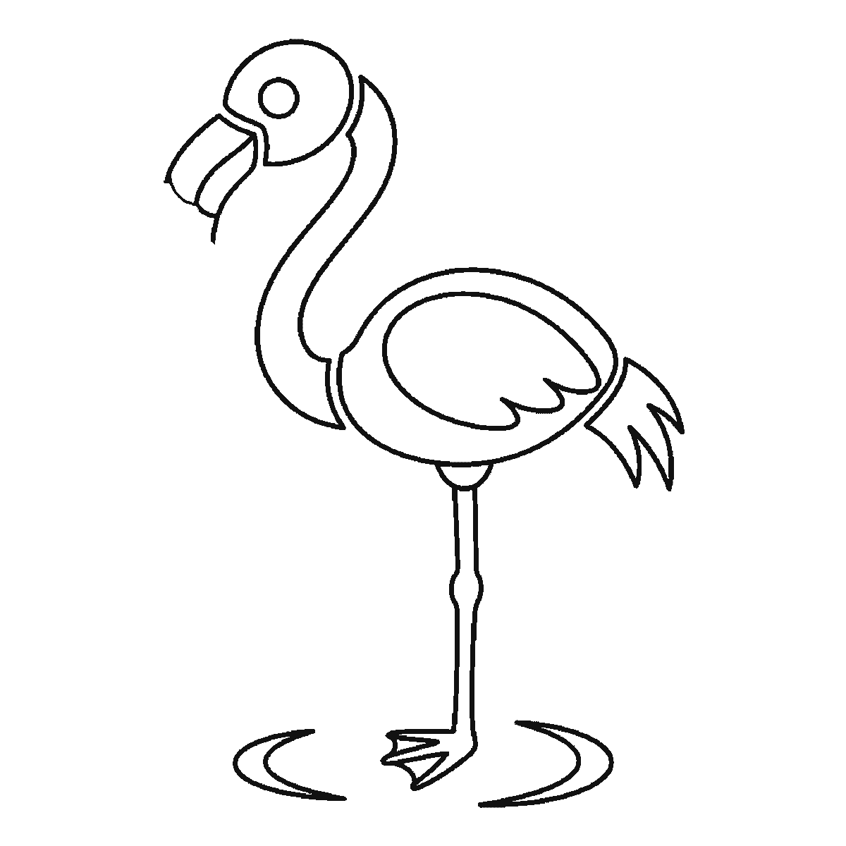 Step 5 of 6: Step-by-step drawing sheet: a flamingo standing in shallow water, built up over six frames from the body and wing panel to the curved neck, then the head with its eye outline and the leg, with the tail feathers, the down-curved beak, the filled eye and the water ripples last, black outlines on white