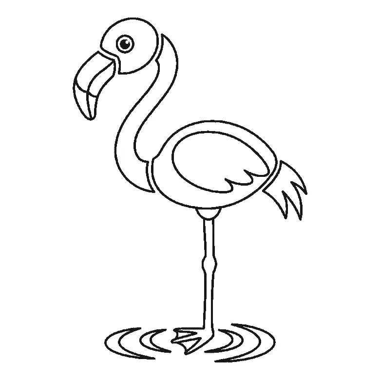 Step-by-step drawing sheet: a flamingo standing in shallow water, built up over six frames from the body and wing panel to the curved neck, then the head with its eye outline and the leg, with the tail feathers, the down-curved beak, the filled eye and the water ripples last, black outlines on white