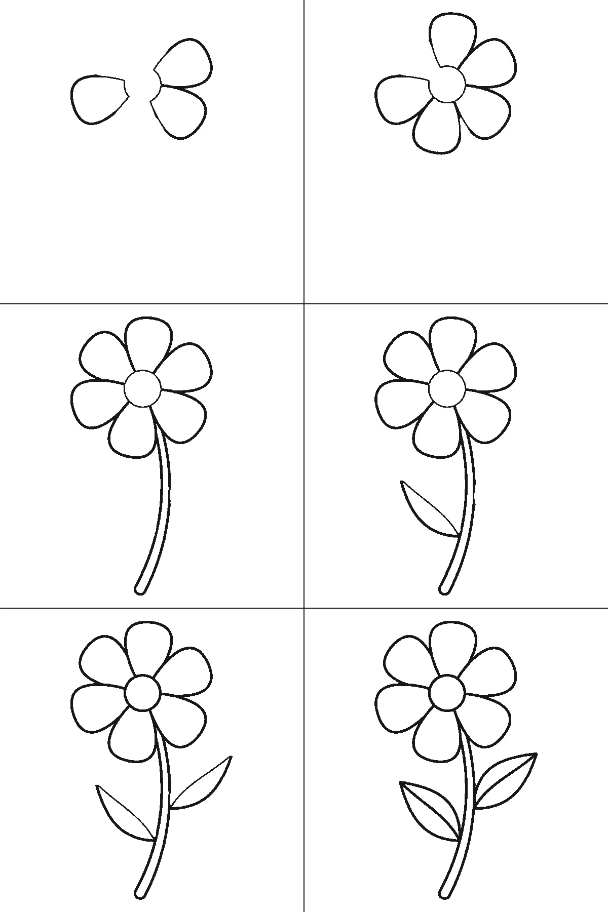 Step-by-step drawing sheet: a single open flower with six rounded petals on a curved stem with two leaves, built up over six frames from three petals to the remaining three and the stem, then the leaves, the centre and the leaf veins, black outlines on white