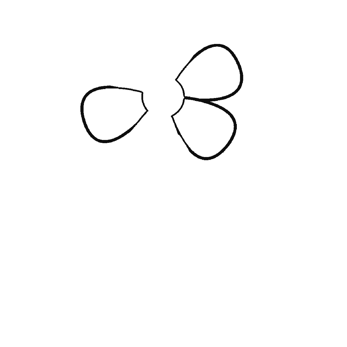Step 1 of 6: Step-by-step drawing sheet: a single open flower with six rounded petals on a curved stem with two leaves, built up over six frames from three petals to the remaining three and the stem, then the leaves, the centre and the leaf veins, black outlines on white