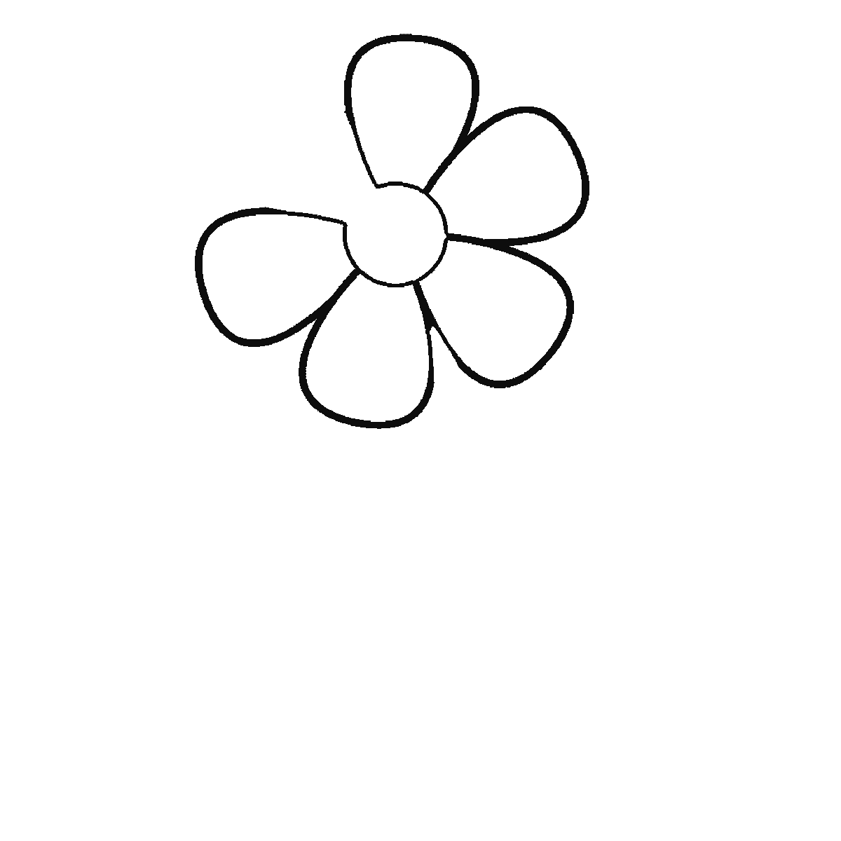 Step 2 of 6: Step-by-step drawing sheet: a single open flower with six rounded petals on a curved stem with two leaves, built up over six frames from three petals to the remaining three and the stem, then the leaves, the centre and the leaf veins, black outlines on white