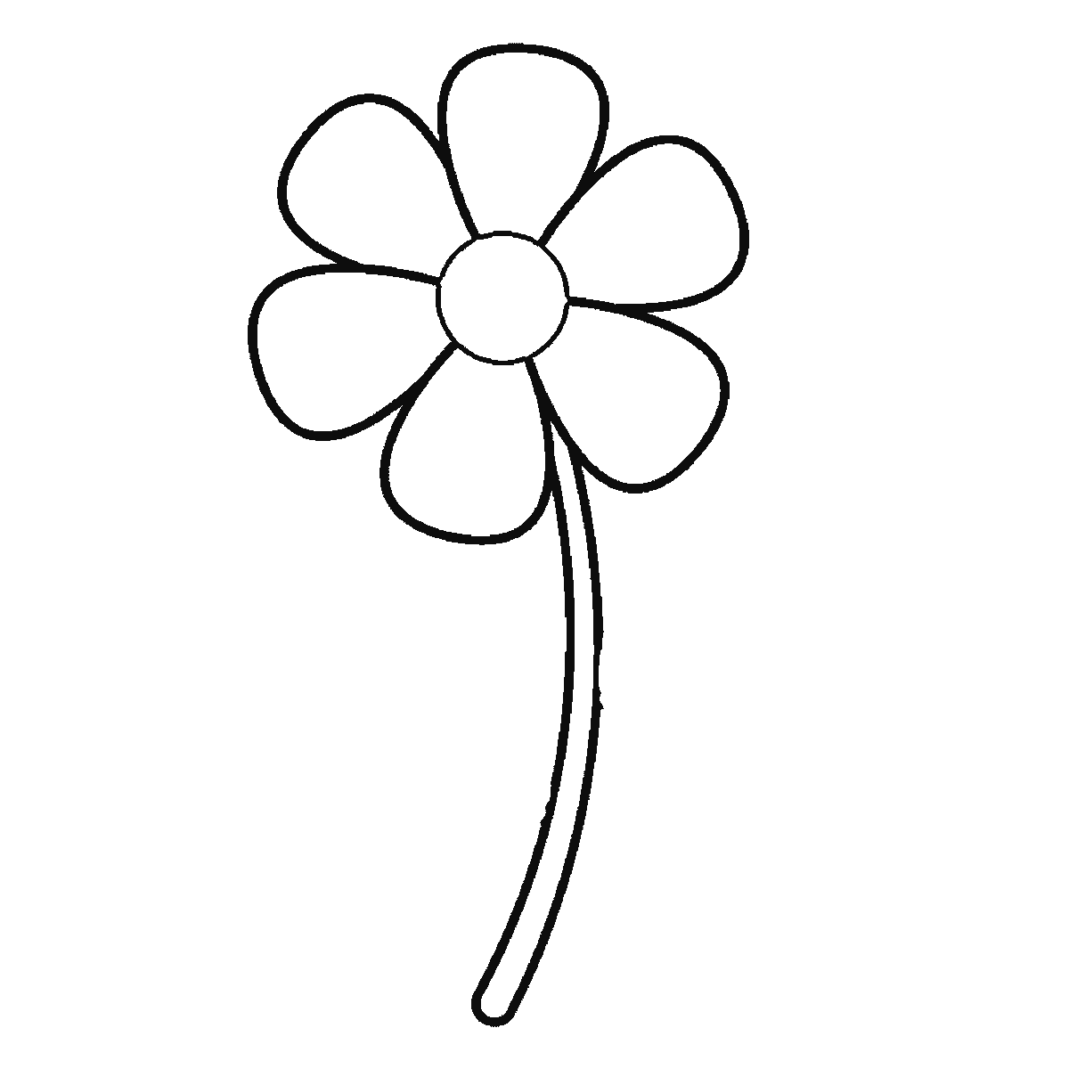 Step 3 of 6: Step-by-step drawing sheet: a single open flower with six rounded petals on a curved stem with two leaves, built up over six frames from three petals to the remaining three and the stem, then the leaves, the centre and the leaf veins, black outlines on white
