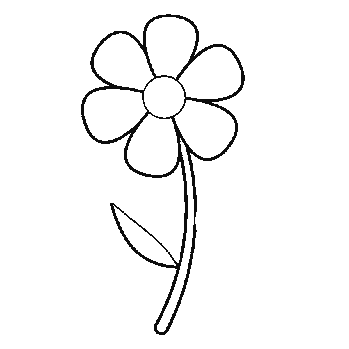 Step 4 of 6: Step-by-step drawing sheet: a single open flower with six rounded petals on a curved stem with two leaves, built up over six frames from three petals to the remaining three and the stem, then the leaves, the centre and the leaf veins, black outlines on white