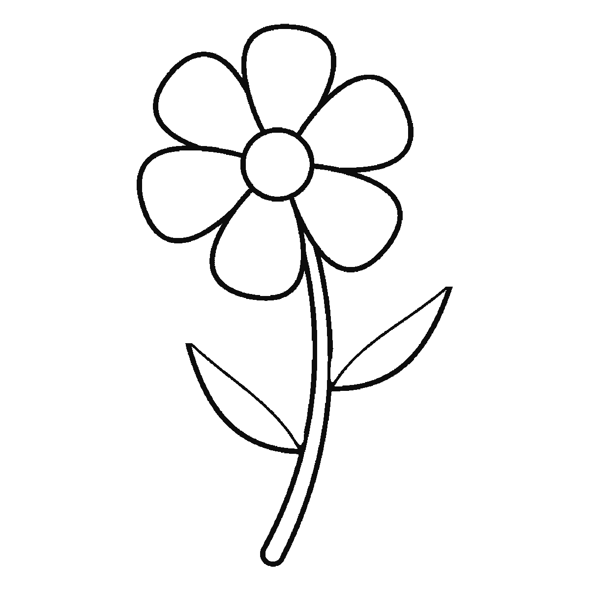 Step 5 of 6: Step-by-step drawing sheet: a single open flower with six rounded petals on a curved stem with two leaves, built up over six frames from three petals to the remaining three and the stem, then the leaves, the centre and the leaf veins, black outlines on white
