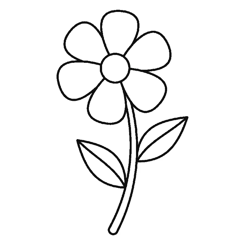 Step-by-step drawing sheet: a single open flower with six rounded petals on a curved stem with two leaves, built up over six frames from three petals to the remaining three and the stem, then the leaves, the centre and the leaf veins, black outlines on white