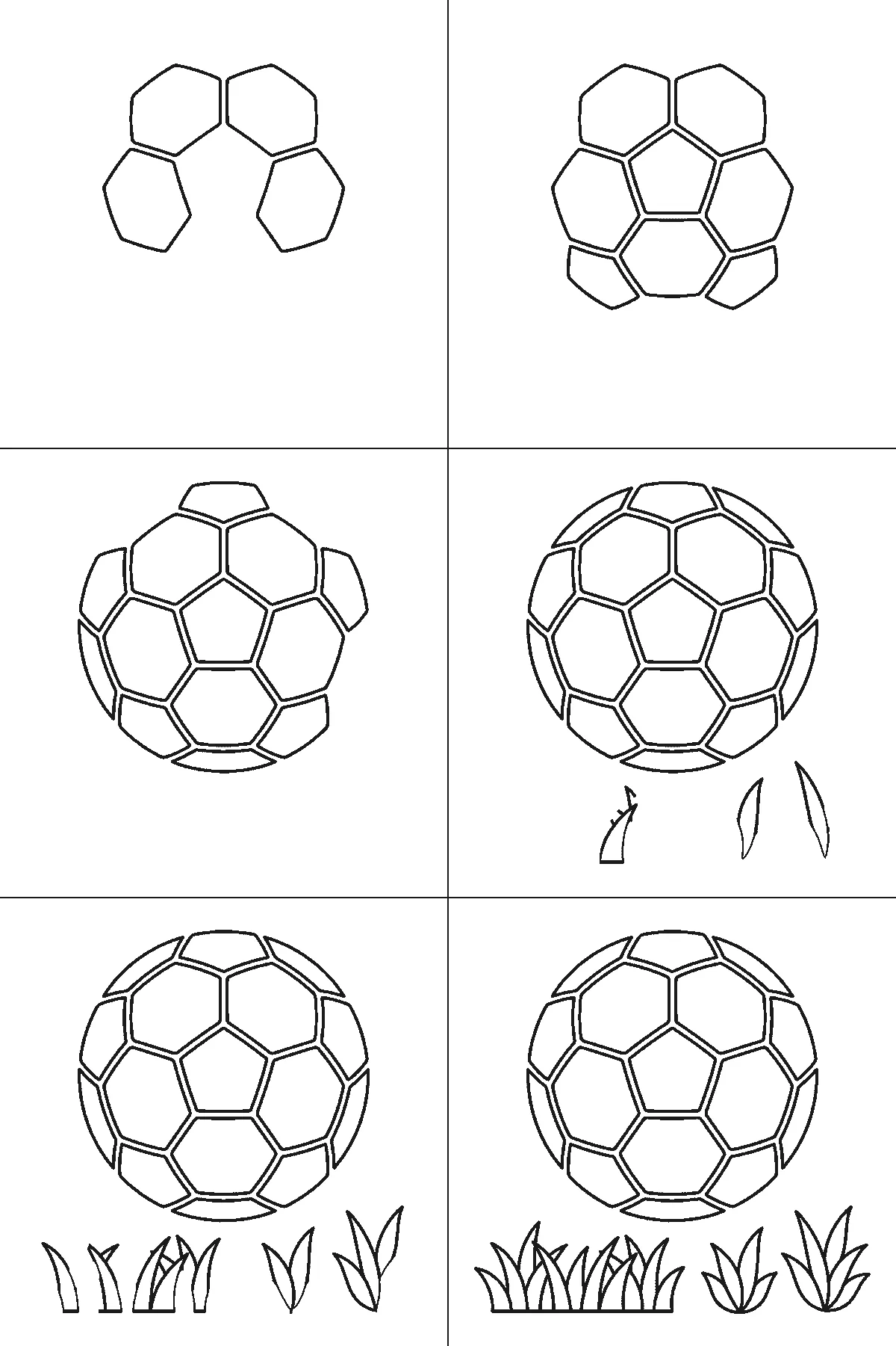 Step-by-step drawing sheet: a football above three tufts of grass, built up over six frames from the pentagon and hexagon panels to the ball outline and the grass, black outlines on white