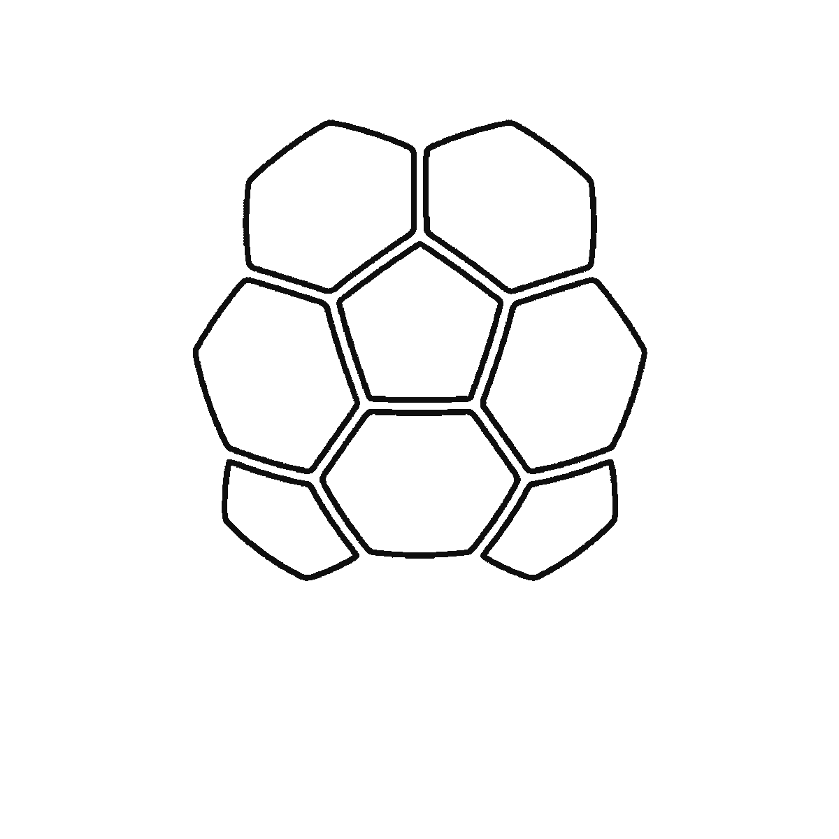 Step 2 of 6: Step-by-step drawing sheet: a football above three tufts of grass, built up over six frames from the pentagon and hexagon panels to the ball outline and the grass, black outlines on white