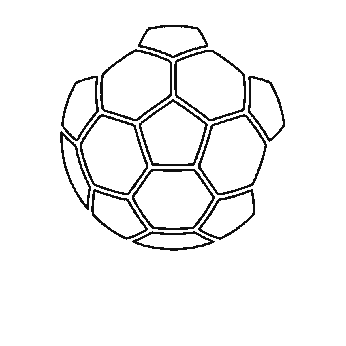 Step 3 of 6: Step-by-step drawing sheet: a football above three tufts of grass, built up over six frames from the pentagon and hexagon panels to the ball outline and the grass, black outlines on white