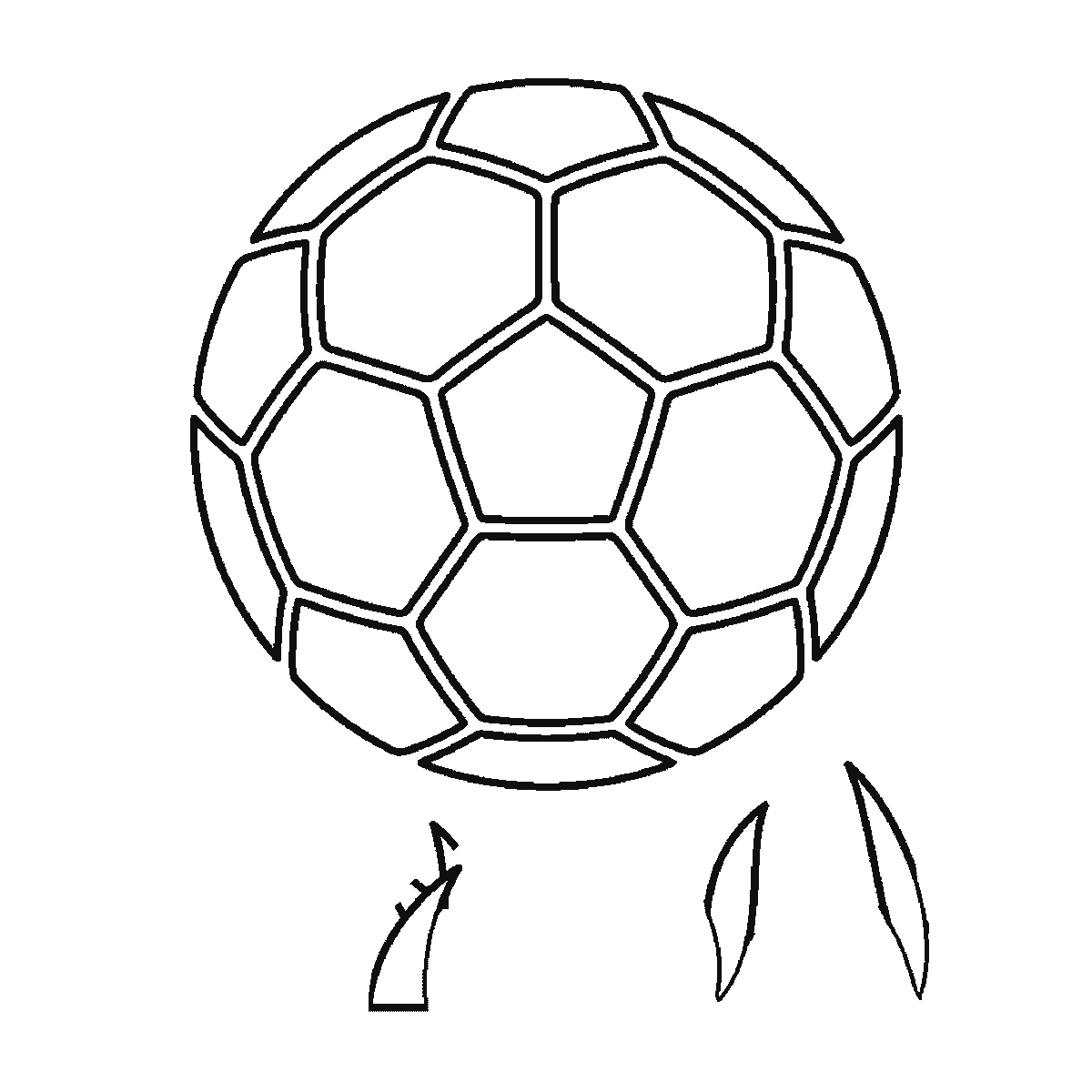 Step 4 of 6: Step-by-step drawing sheet: a football above three tufts of grass, built up over six frames from the pentagon and hexagon panels to the ball outline and the grass, black outlines on white