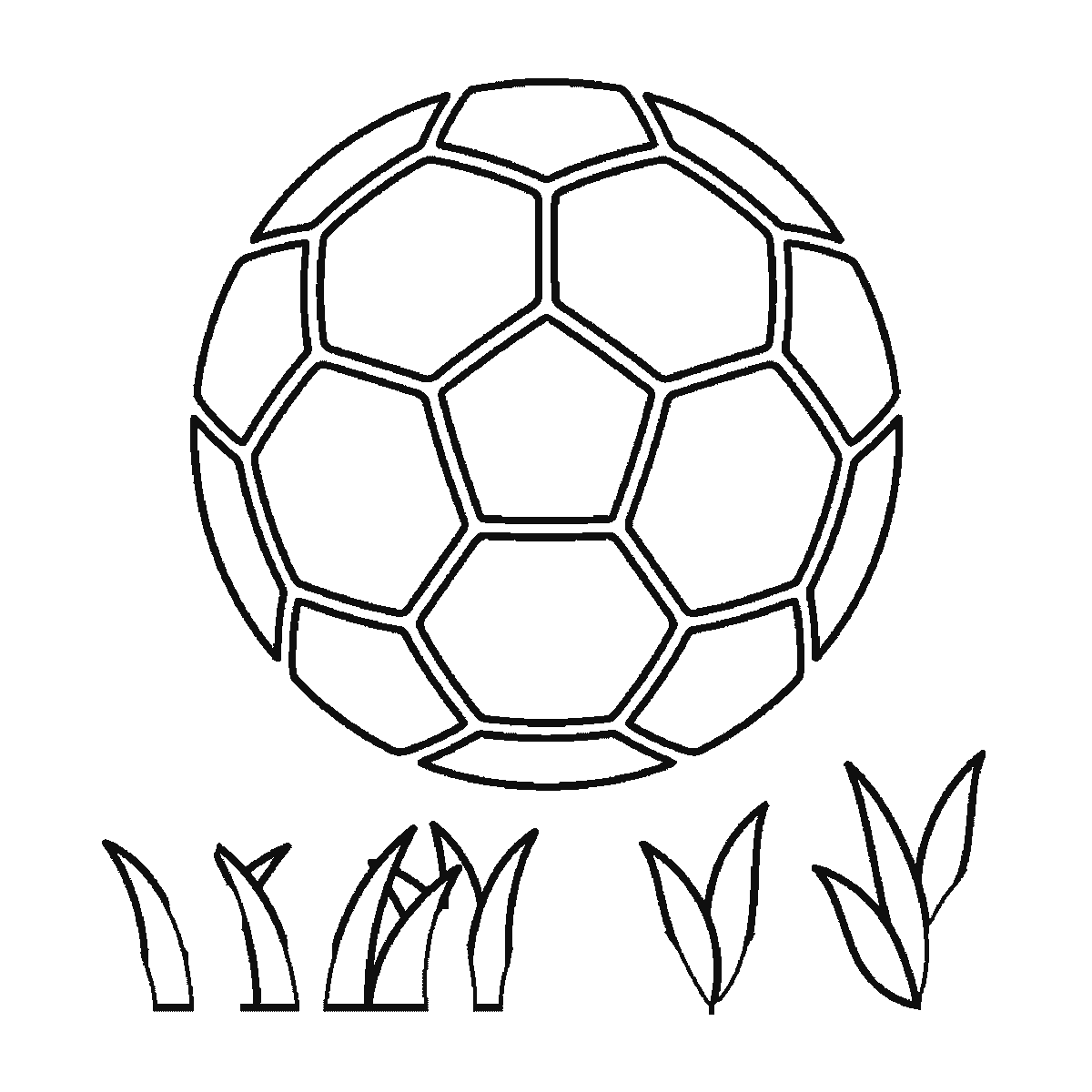 Step 5 of 6: Step-by-step drawing sheet: a football above three tufts of grass, built up over six frames from the pentagon and hexagon panels to the ball outline and the grass, black outlines on white
