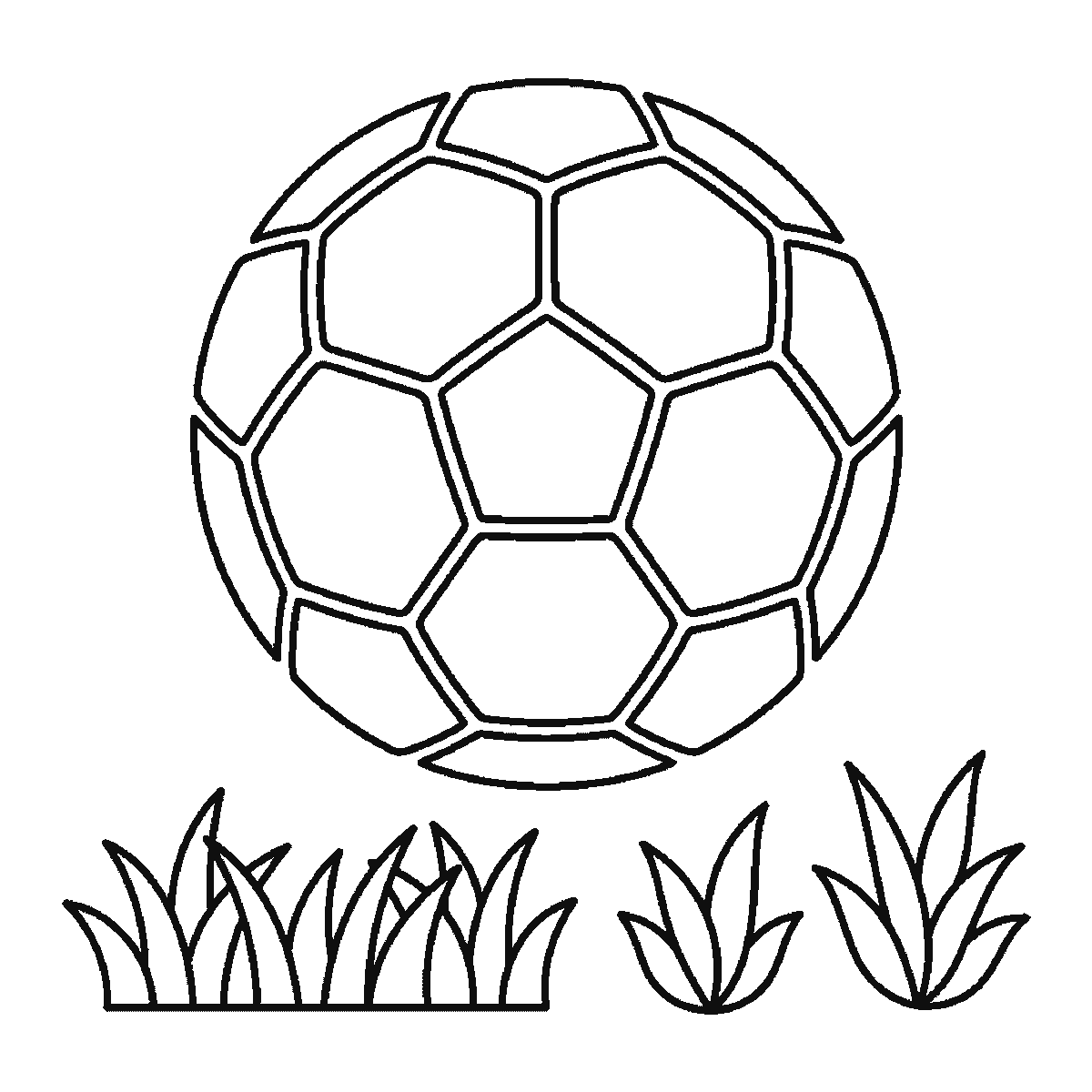 Step 6 of 6: Step-by-step drawing sheet: a football above three tufts of grass, built up over six frames from the pentagon and hexagon panels to the ball outline and the grass, black outlines on white