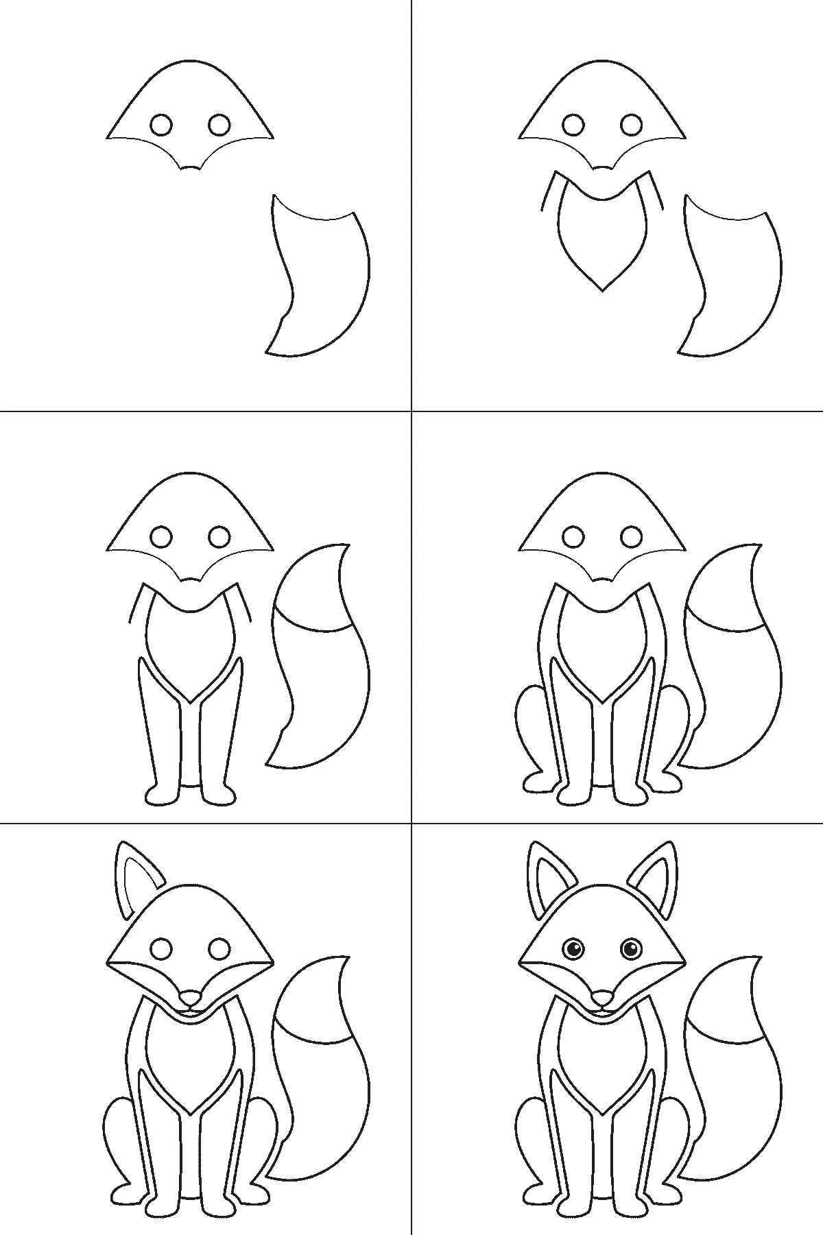 Step-by-step drawing sheet: a fox sitting upright seen from the front, built up over six frames from the triangular head and the bushy tail together, then the chest, the front legs and the haunches, and the two pointed ears last, black outlines on white