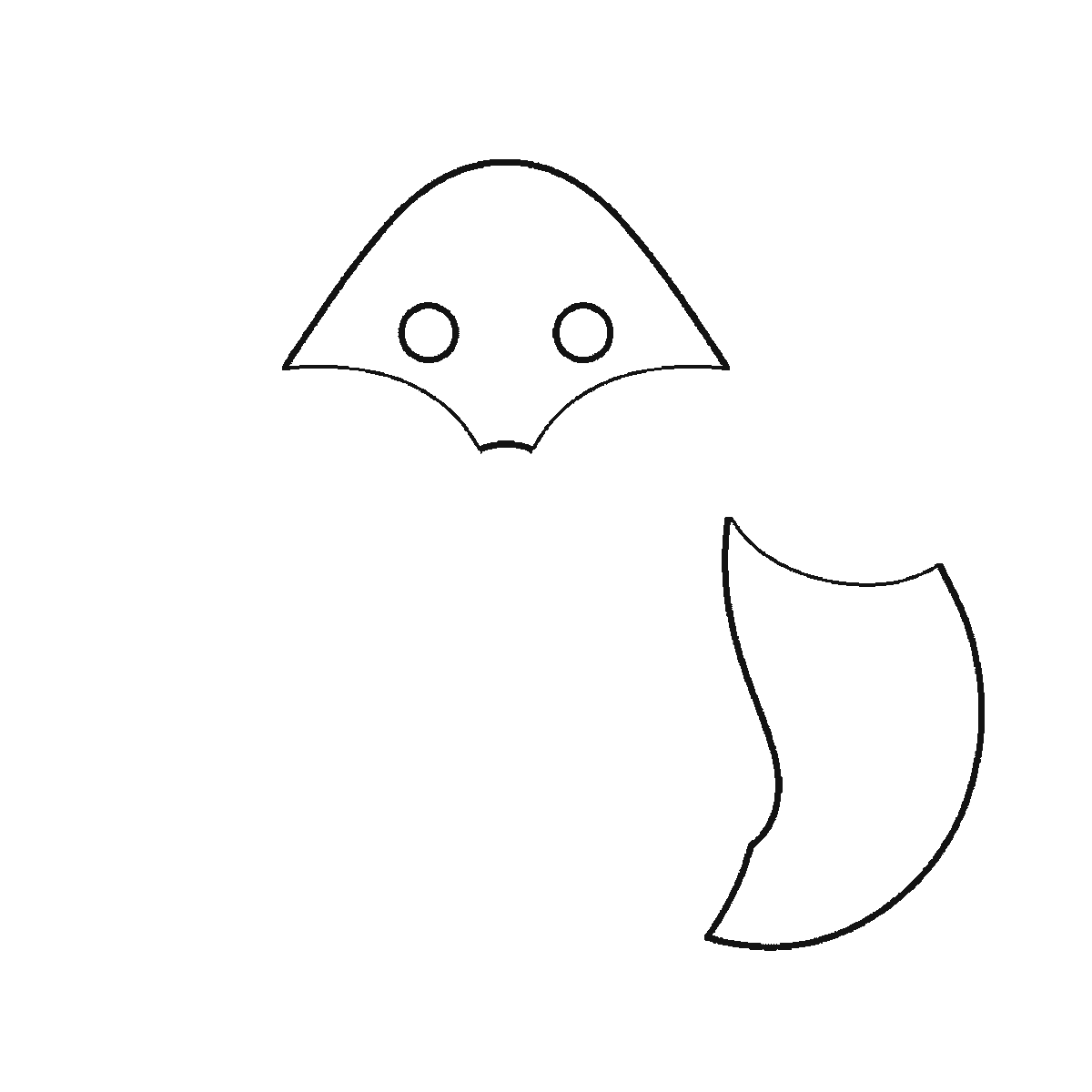 Step 1 of 6: Step-by-step drawing sheet: a fox sitting upright seen from the front, built up over six frames from the triangular head and the bushy tail together, then the chest, the front legs and the haunches, and the two pointed ears last, black outlines on white
