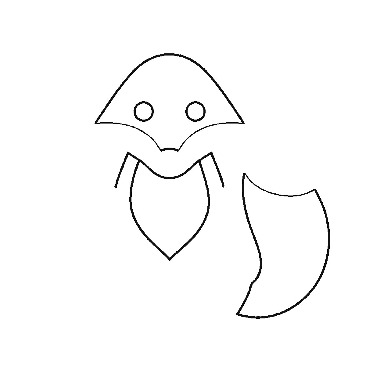 Step 2 of 6: Step-by-step drawing sheet: a fox sitting upright seen from the front, built up over six frames from the triangular head and the bushy tail together, then the chest, the front legs and the haunches, and the two pointed ears last, black outlines on white