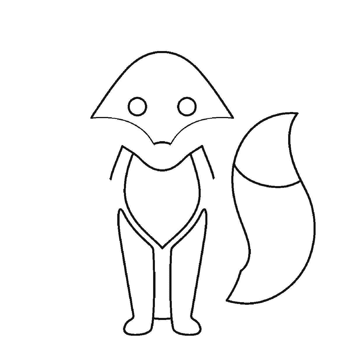 Step 3 of 6: Step-by-step drawing sheet: a fox sitting upright seen from the front, built up over six frames from the triangular head and the bushy tail together, then the chest, the front legs and the haunches, and the two pointed ears last, black outlines on white