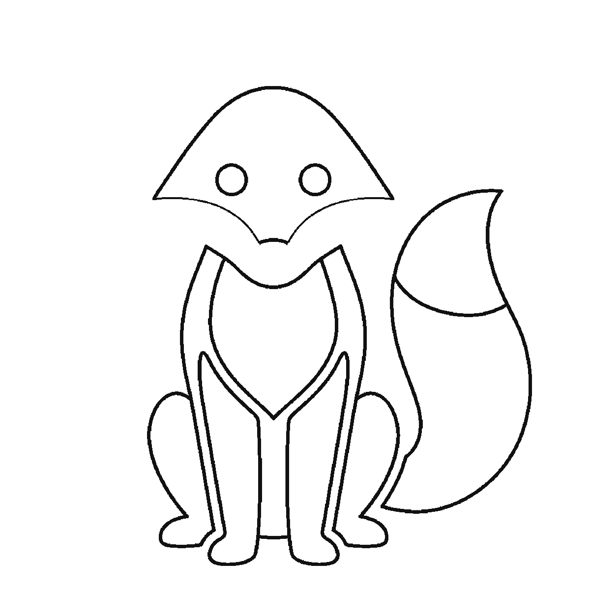 Step 4 of 6: Step-by-step drawing sheet: a fox sitting upright seen from the front, built up over six frames from the triangular head and the bushy tail together, then the chest, the front legs and the haunches, and the two pointed ears last, black outlines on white