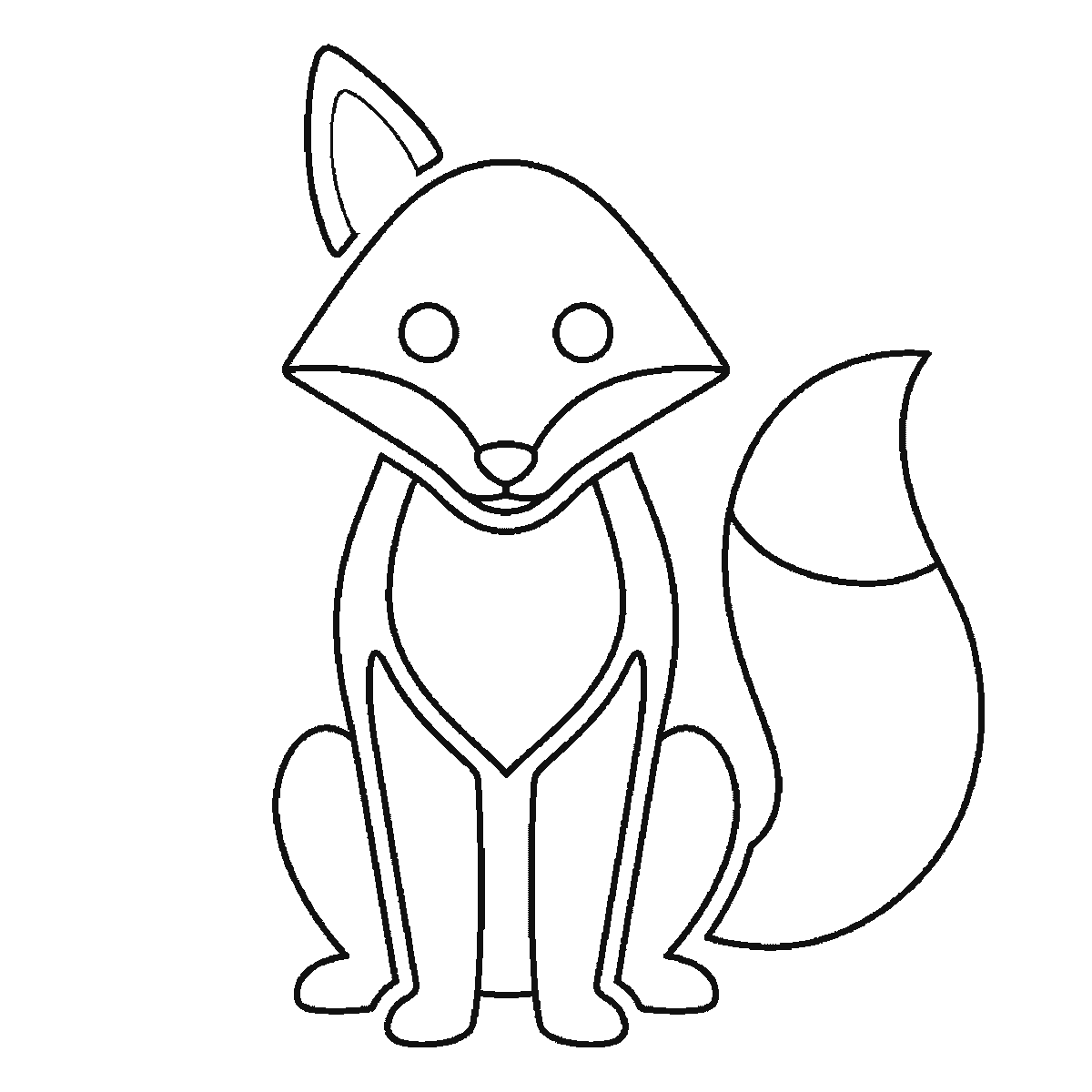 Step 5 of 6: Step-by-step drawing sheet: a fox sitting upright seen from the front, built up over six frames from the triangular head and the bushy tail together, then the chest, the front legs and the haunches, and the two pointed ears last, black outlines on white