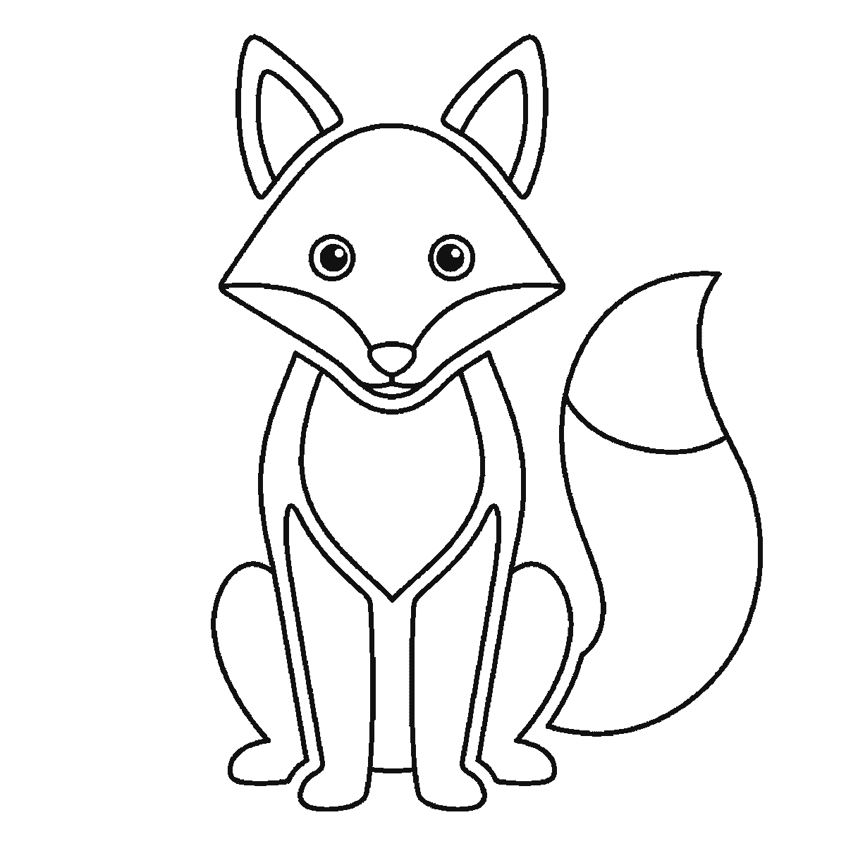 Step 6 of 6: Step-by-step drawing sheet: a fox sitting upright seen from the front, built up over six frames from the triangular head and the bushy tail together, then the chest, the front legs and the haunches, and the two pointed ears last, black outlines on white