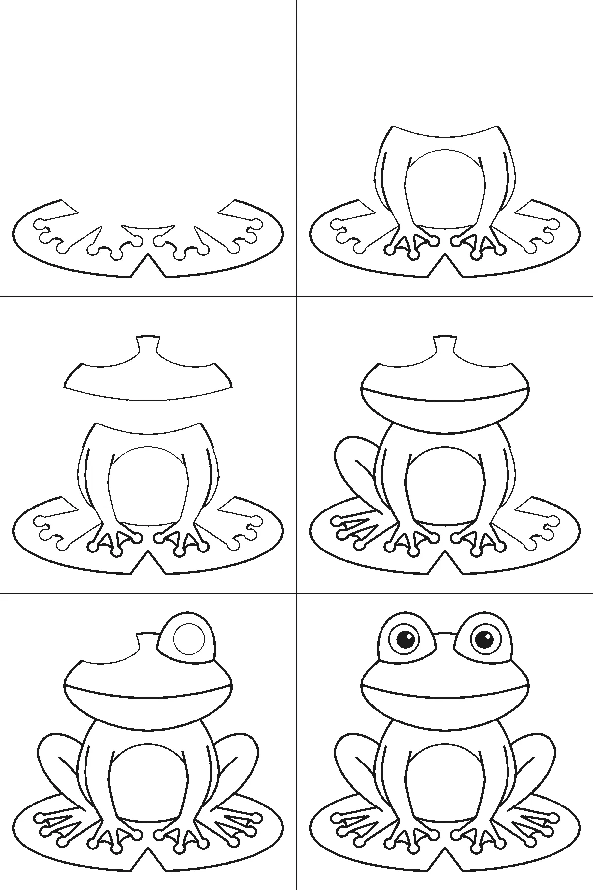 Step-by-step drawing sheet: a frog sitting on a lily pad seen from the front, built up over six frames from the lily pad to the body, head and domed eyes, black outlines on white