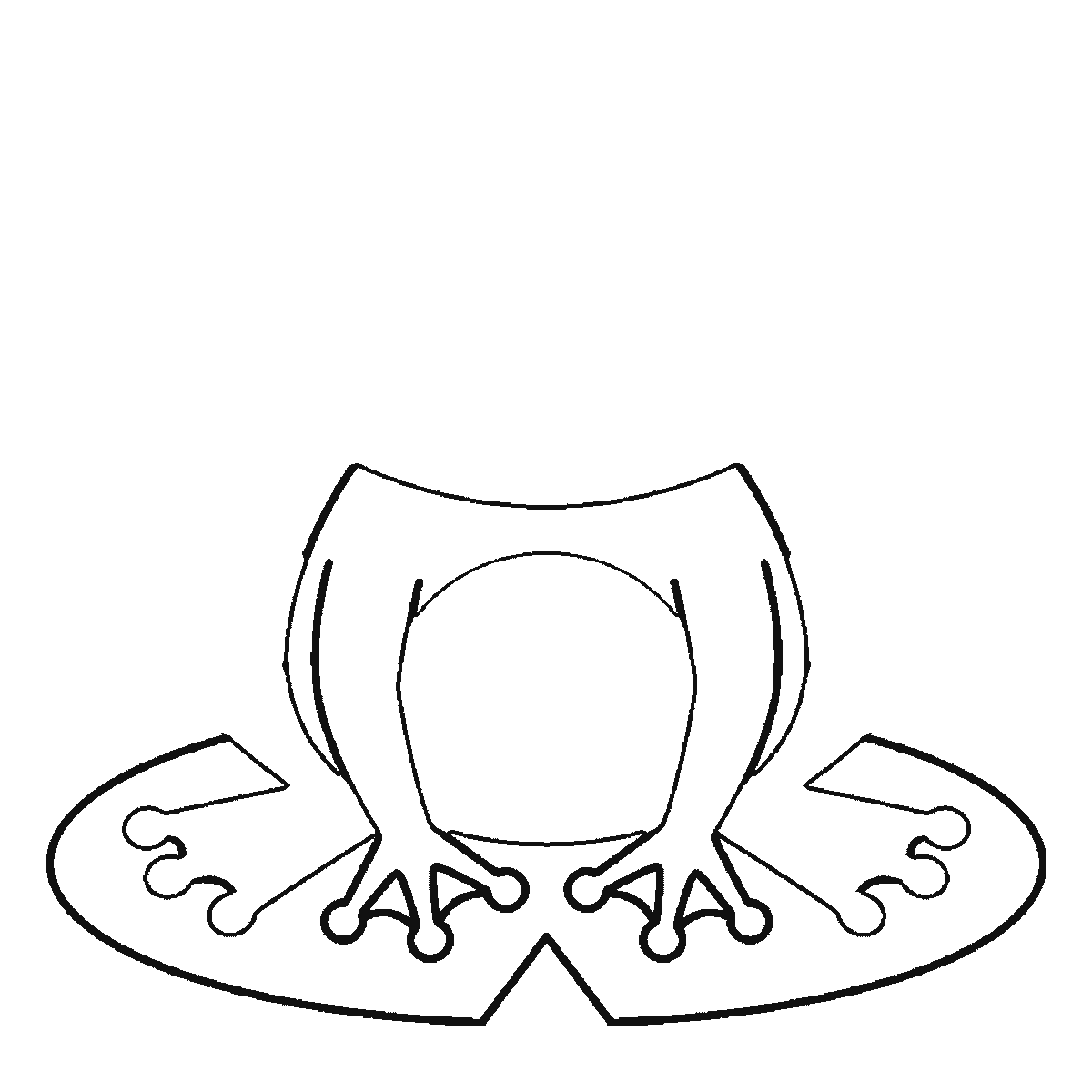 Step 2 of 6: Step-by-step drawing sheet: a frog sitting on a lily pad seen from the front, built up over six frames from the lily pad to the body, head and domed eyes, black outlines on white